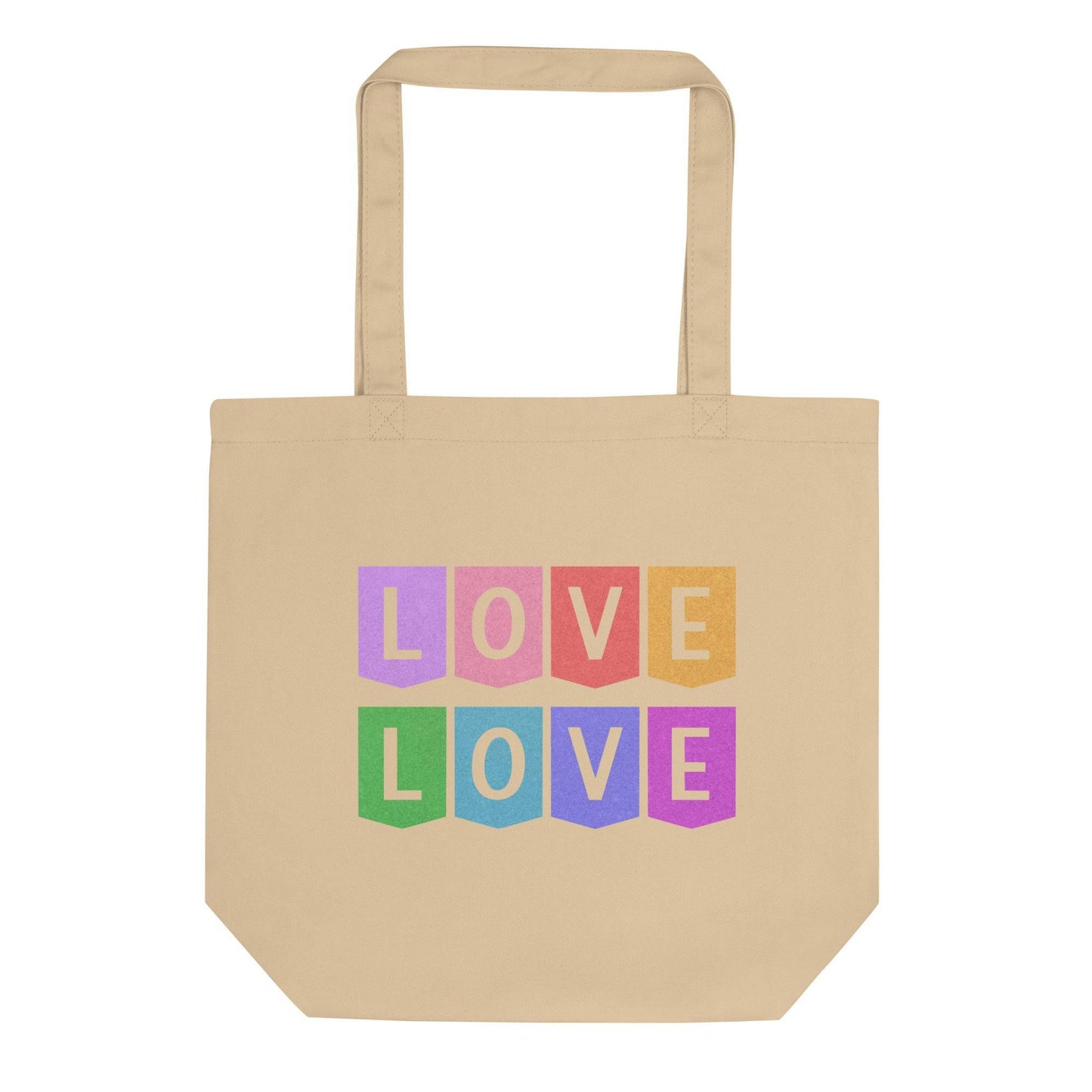 A black Love Tote Bag by Pridelity features the word "LOVE" repeated in bold letters, each letter housed in a block of vibrant pink, orange, yellow, green, blue, and purple colors—truly a stunning rainbow display.