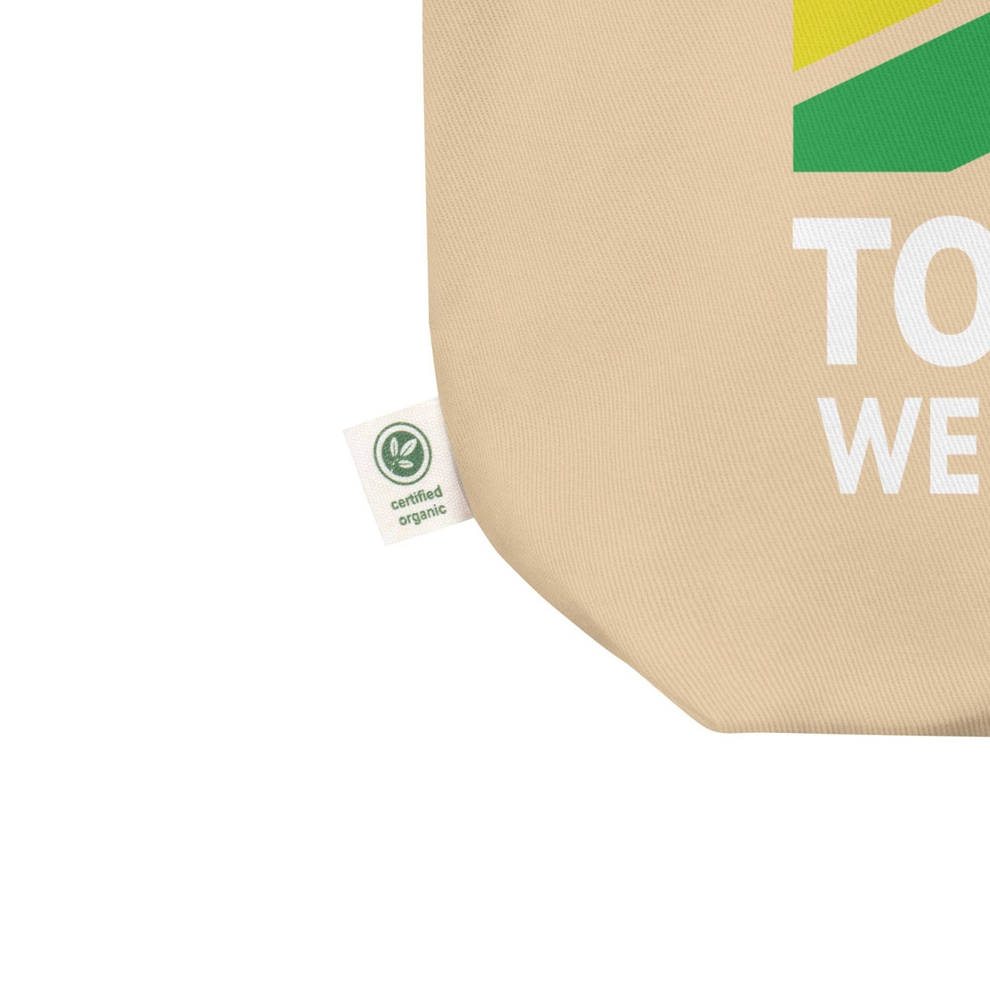 The Together Tote Bag from Pridelity features a black design with vibrant rainbow-striped accents and the message "TOGETHER WE ARE STRONG" in white.