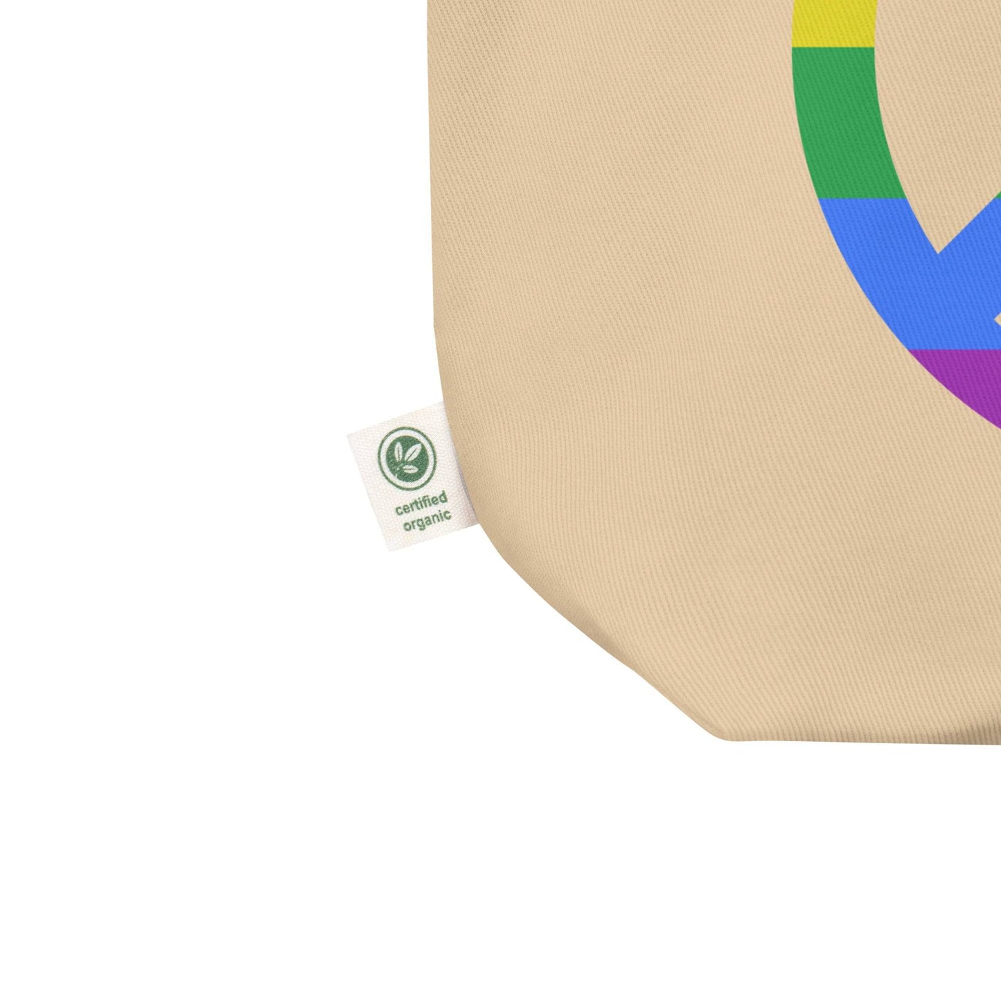 Introducing the Peace Tote Bag by Pridelity, a sleek black tote adorned with a captivating rainbow-colored peace sign at its center and vibrant horizontal stripes. Featuring two comfortable shoulder straps, it's perfect for everyday use and available exclusively at Rainbow Store.