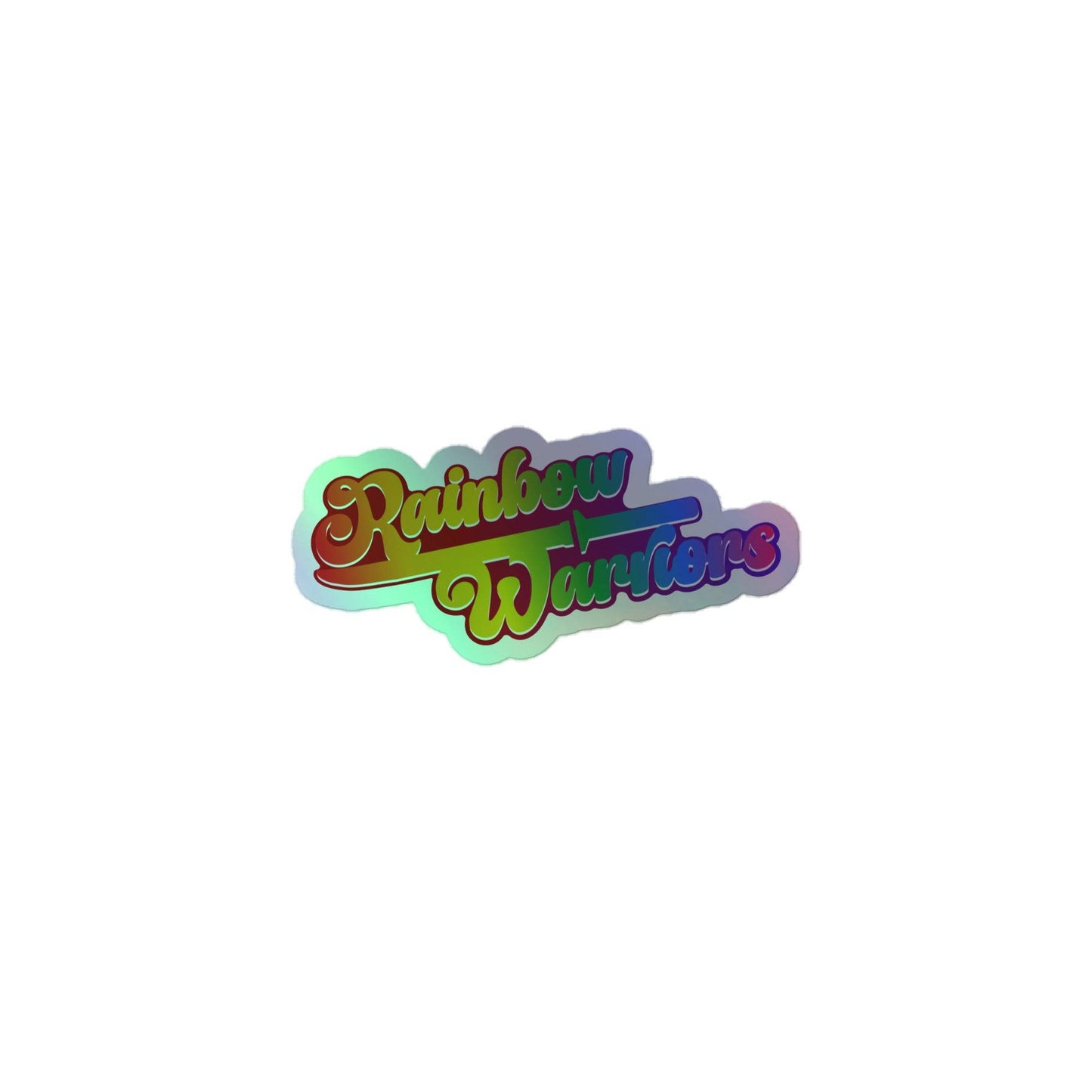 Introducing the Rainbow Warriors Holo Sticker by Pridelity: This design features a text logo with "Rainbow Warriors" in a vibrant, retro gradient style, ideal for pride merchandise. The words showcase flowing, cursive-like letters that beautifully blend red, green, yellow, and blue hues against a pristine white background.