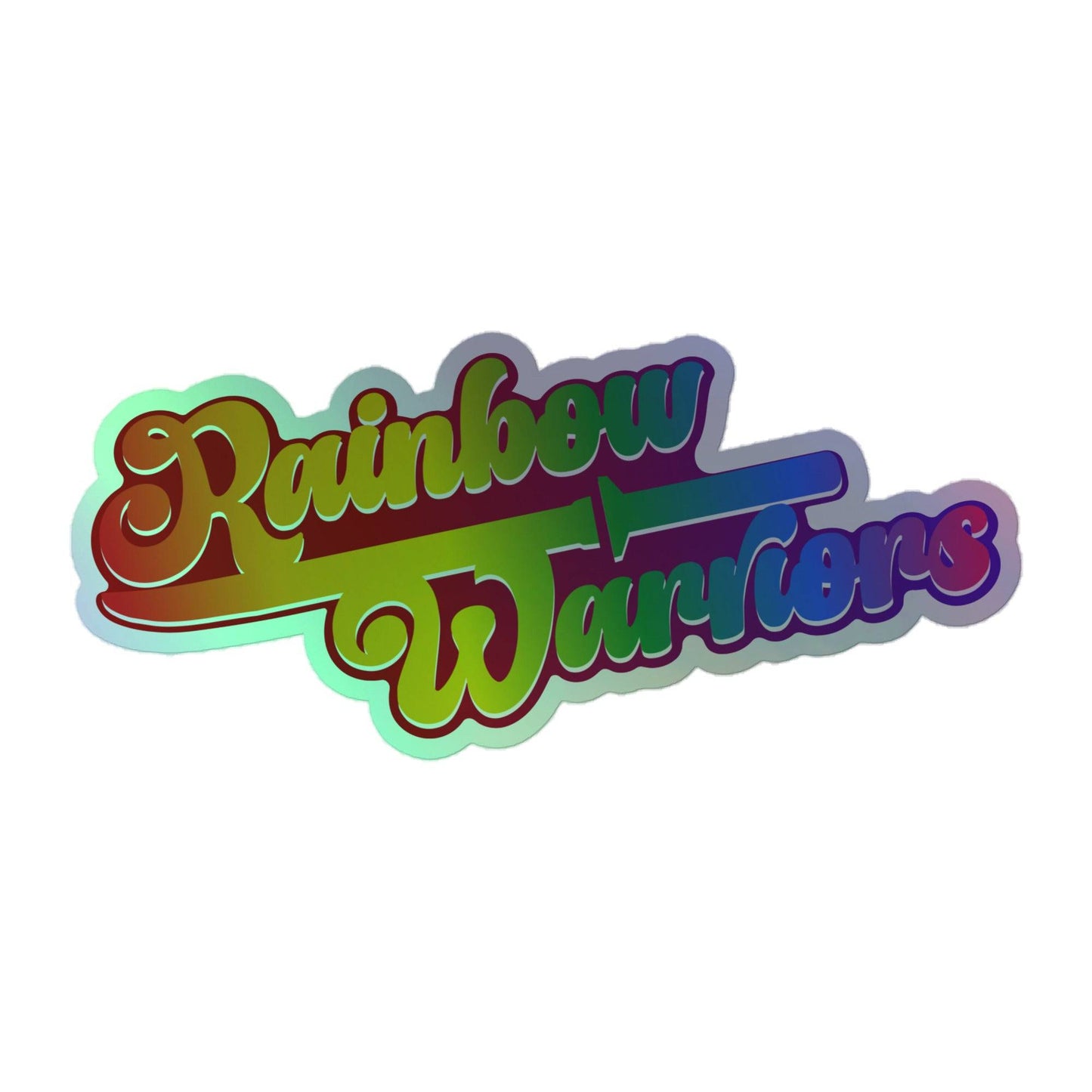 Introducing the Rainbow Warriors Holo Sticker by Pridelity: This design features a text logo with "Rainbow Warriors" in a vibrant, retro gradient style, ideal for pride merchandise. The words showcase flowing, cursive-like letters that beautifully blend red, green, yellow, and blue hues against a pristine white background.