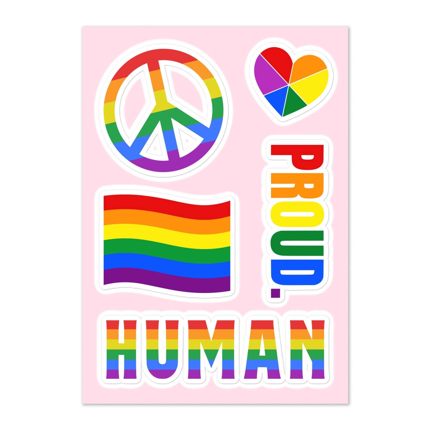 A collection of Pridelity's Rainbow Sticker Sheet on a light pink background, featuring a peace sign, heart, striped flag, and the words "PROUD HUMAN.