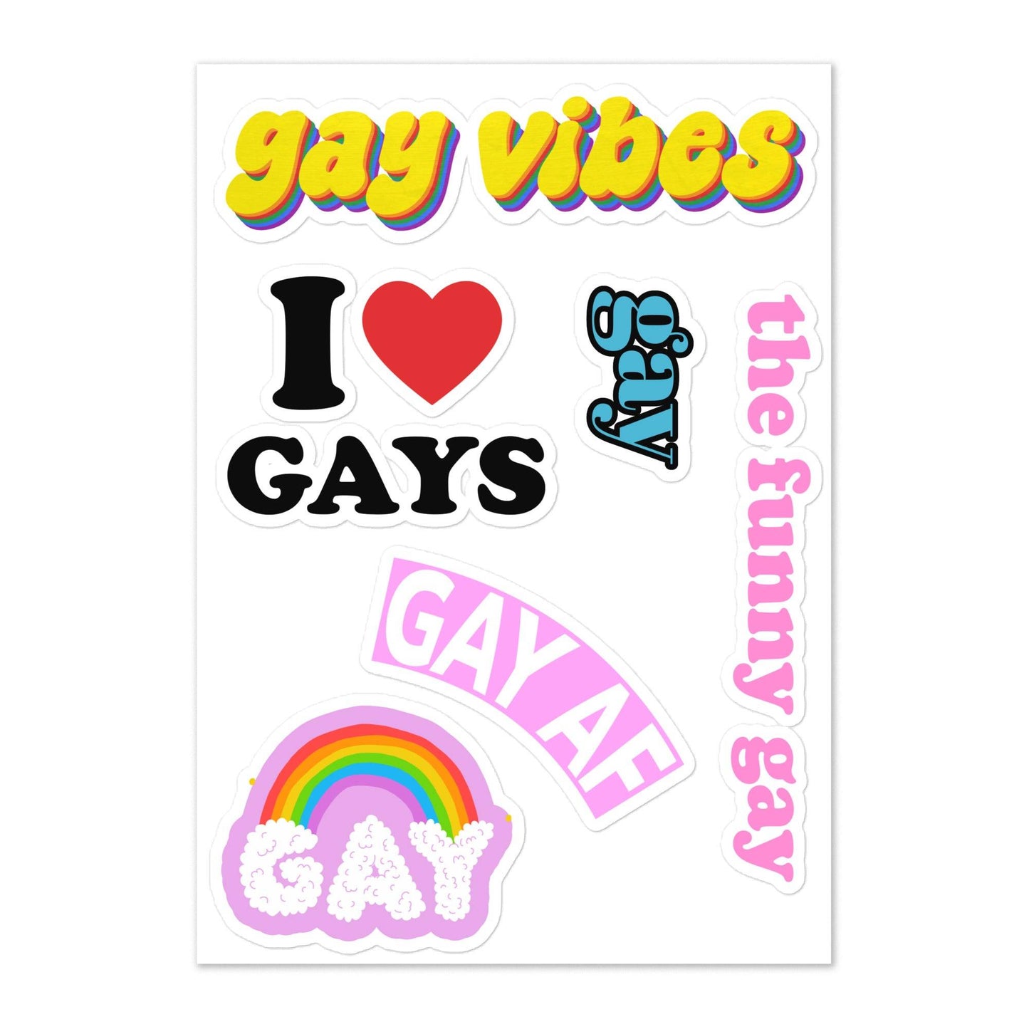 Introducing the Gay Sticker Sheet by Pridelity, a vibrant assortment of pride merchandise featuring colorful stickers with fun phrases such as "gay vibes," "I love gays," and "GAY AF," along with a rainbow design emblazoned with "GAY" underneath.