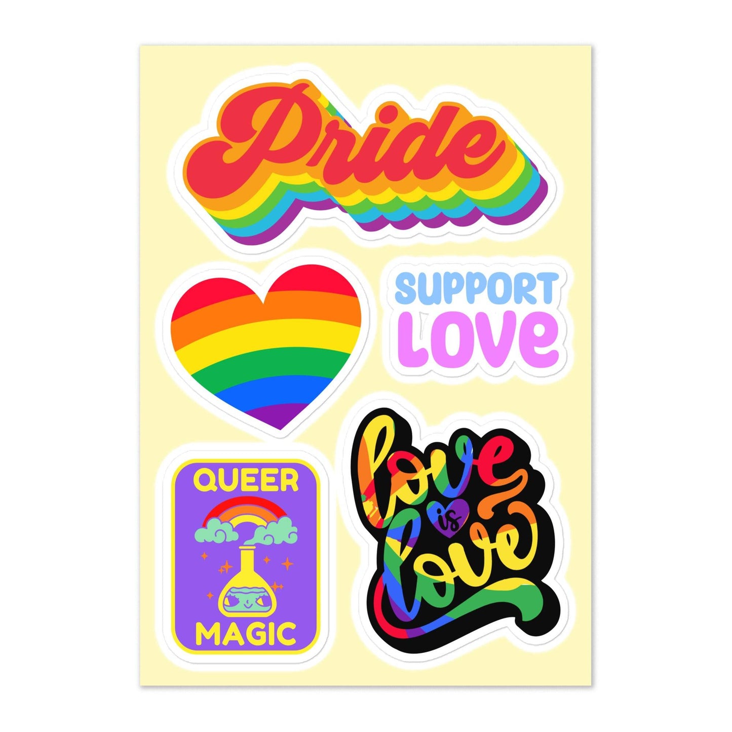 The Pride Sticker Sheet by Pridelity features a lively assortment of pride-themed stickers on a bright yellow background. The collection includes bold expressions such as "Pride," "Support Love," and "Love is Love." Additionally, it highlights a rainbow heart, the phrase "Queer Magic," and a potion bottle, celebrating diversity and inclusivity with flair.
