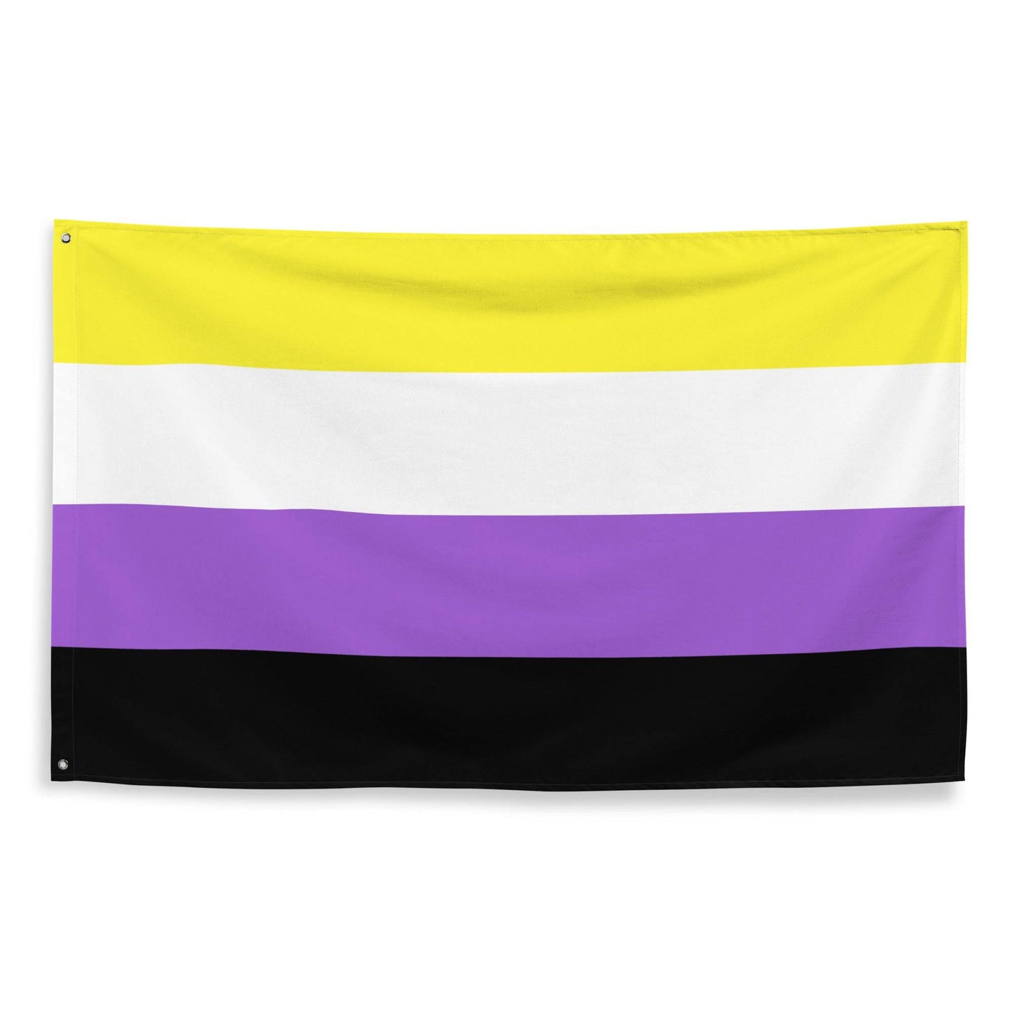 A vibrant Nonbinary Pride Flag from Pridelity, featuring horizontal stripes in yellow, white, purple, and black, hangs proudly on a white brick wall at the entrance of the rainbow shop.
