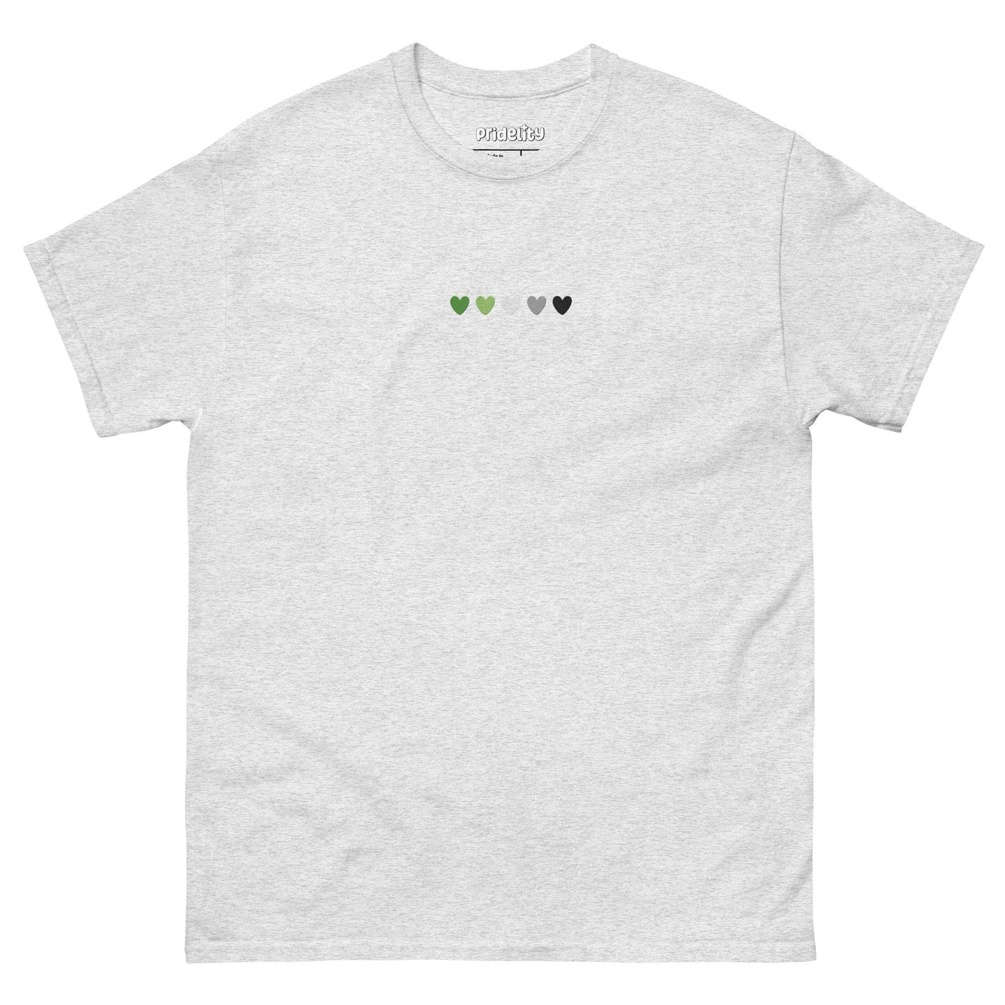 The Aromantic Love T-Shirt by Pridelity is cream-colored and features a row of small hearts across the chest in green, light green, white, gray, and black.