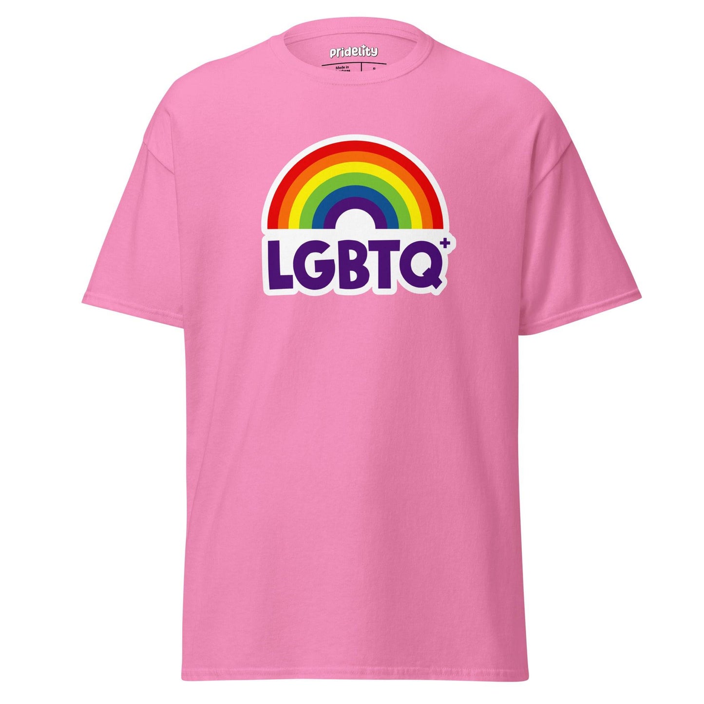 Introducing the Pridelity LGBTQ+ Rainbow T-Shirt: a black shirt adorned with a vibrant rainbow arching over bold, colorful "LGBTQ+" lettering.