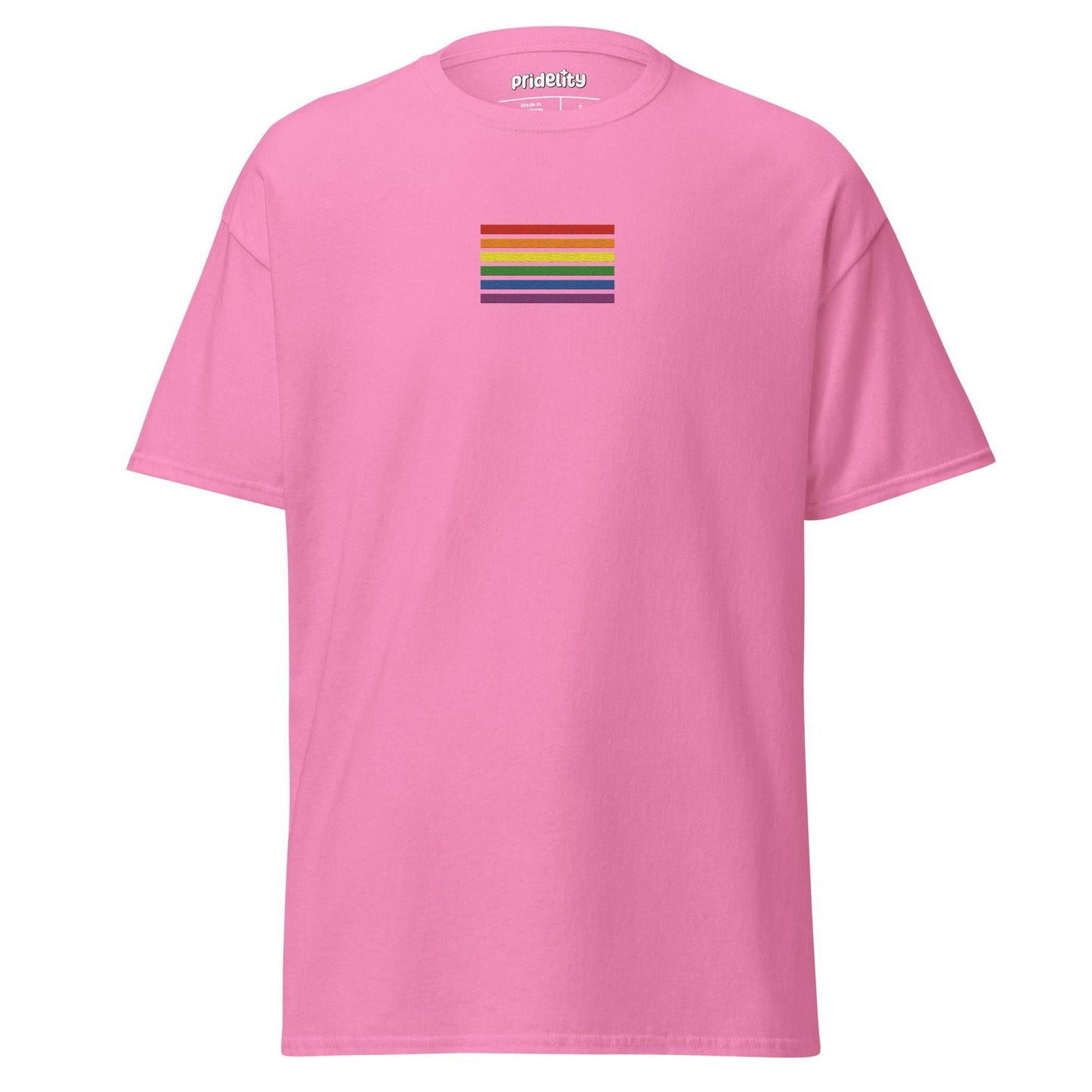 The Rainbow Stripes T-Shirt from Pridelity is black with a small rainbow stripe pattern on the chest, featuring horizontal stripes in red, orange, yellow, green, blue, and purple. The brand name "Pridelity" is printed on the inside label at the neck.