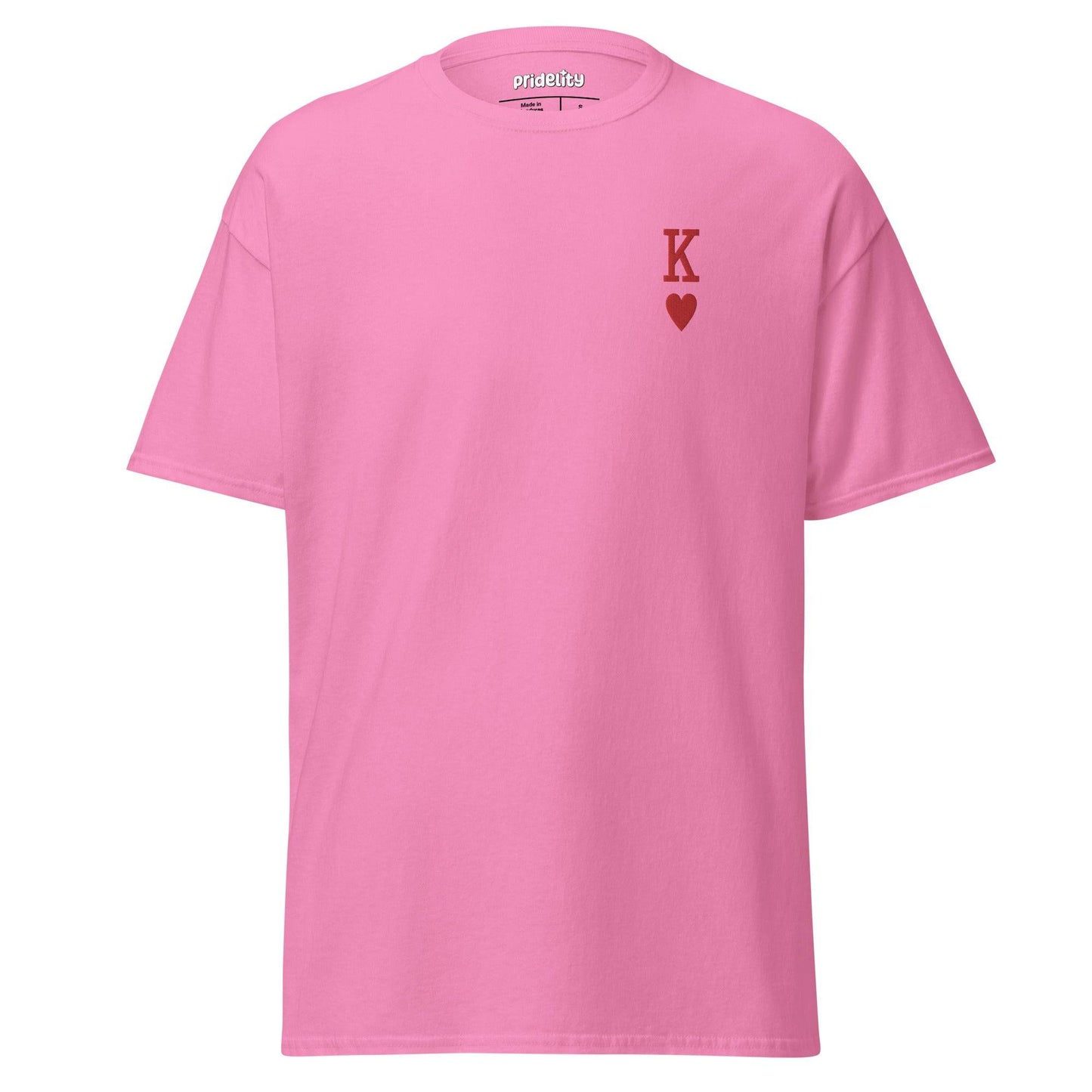 A white King of Hearts T-Shirt by Pridelity, featuring a small red letter "K" and a heart symbol on the left chest area.