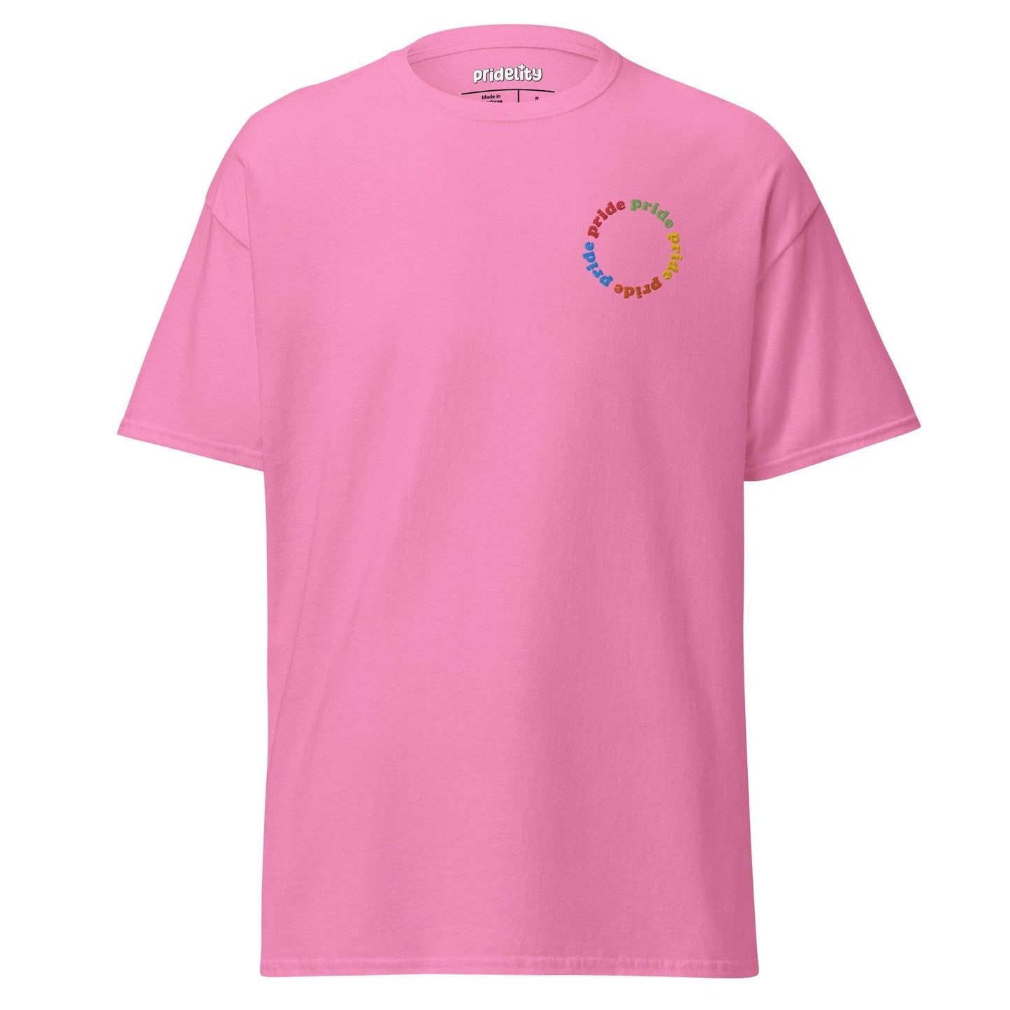 The Pride Circle T-Shirt by Pridelity showcases a beige shirt adorned with a vibrant "pride" text design arranged in a circular pattern on the upper left.