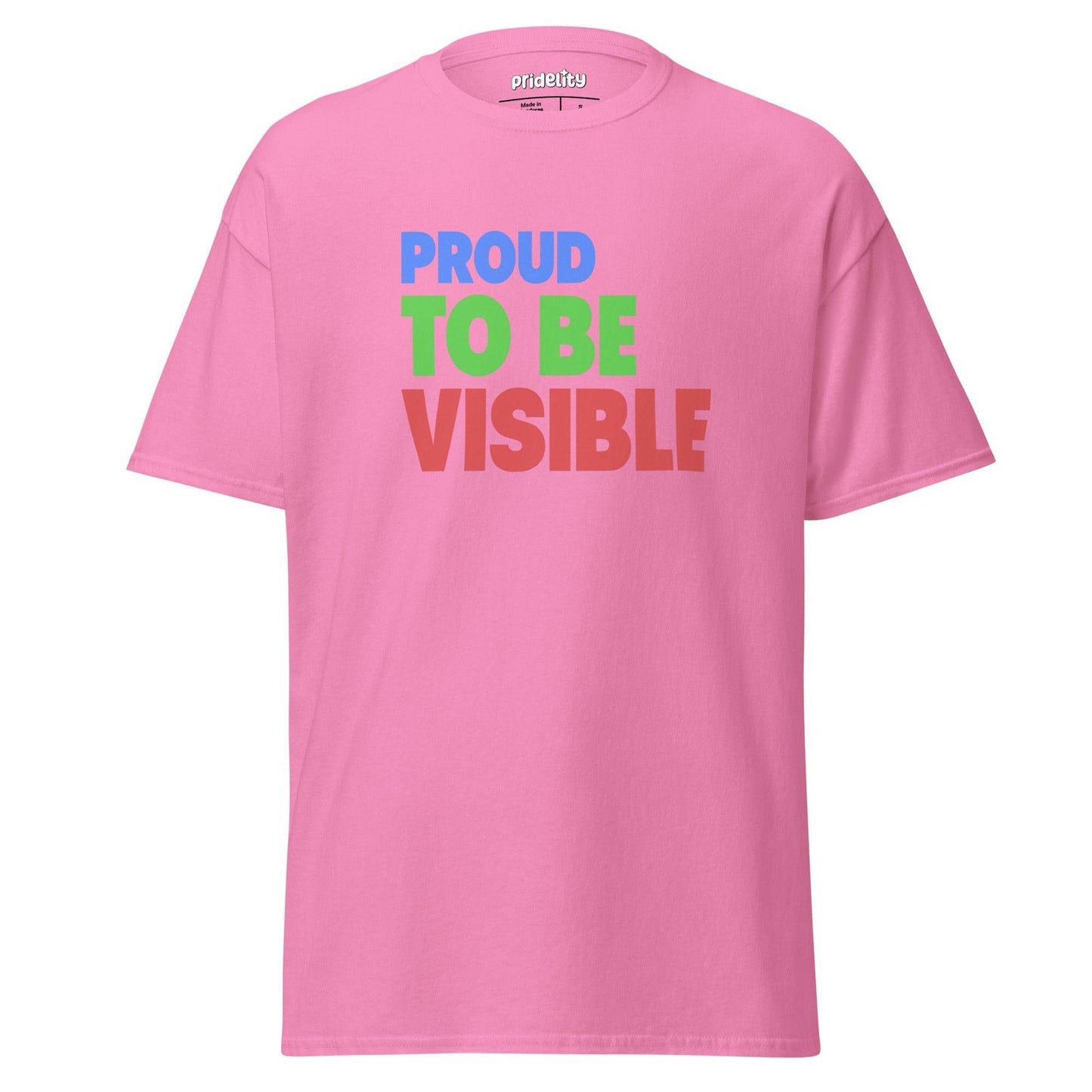 A light blue "Proud To Be Visible" T-shirt by Pridelity, featuring bold and colorful text in blue, green, and red, is showcased against a plain white background.