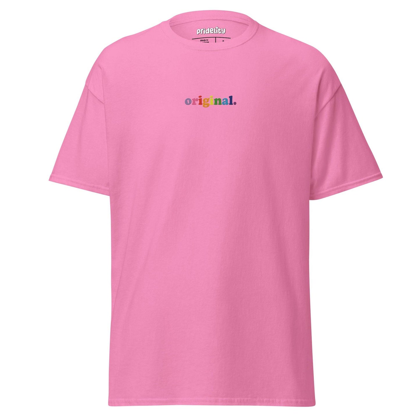 The Original T-Shirt by Pridelity is a plain white pride shirt showcasing the word "original." in lowercase multicolored text across the chest. With its short sleeves and round neckline, it stands as a statement of bold authenticity.