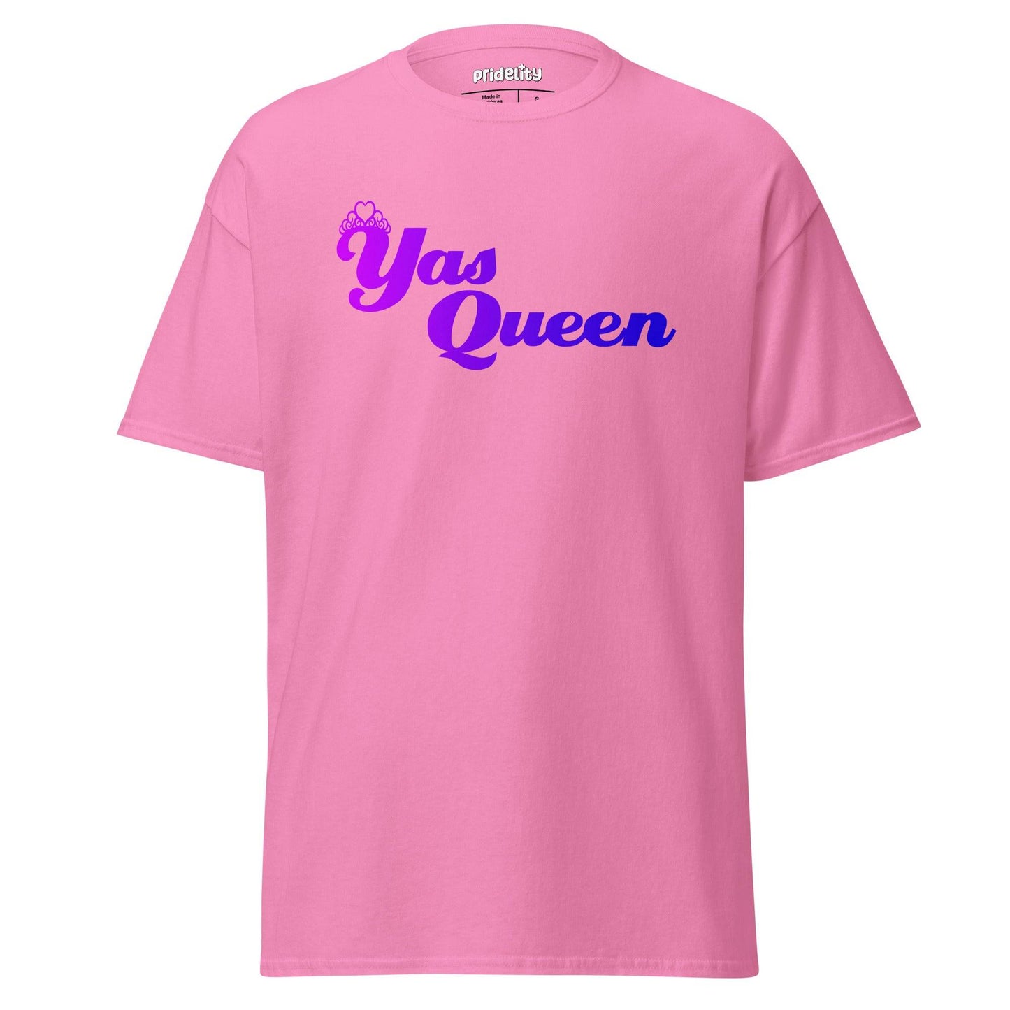 Introducing the Yas Queen T-Shirt by Pridelity, a black pride tee showcasing "Yas Queen" in eye-catching purple and blue gradient lettering, topped with a delicate crown graphic.