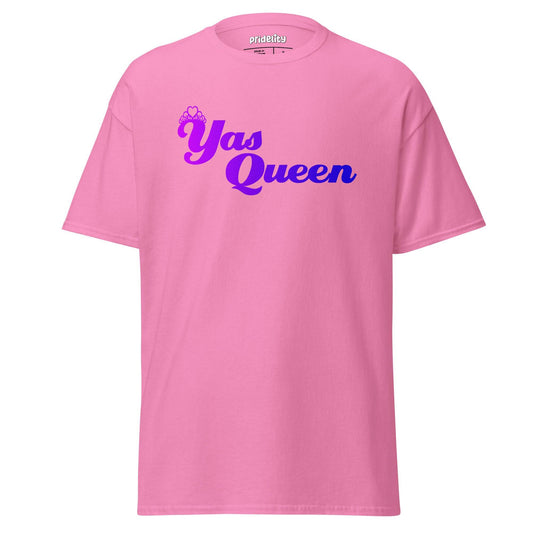 Introducing the Yas Queen T-Shirt by Pridelity, a black pride tee showcasing "Yas Queen" in eye-catching purple and blue gradient lettering, topped with a delicate crown graphic.