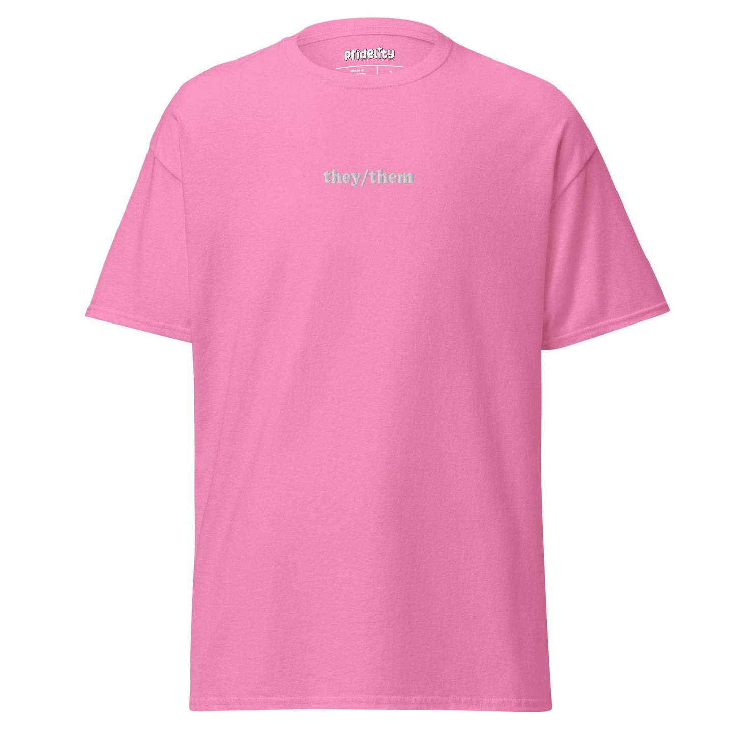 Pridelity's They/Them T-Shirt is a black pride shirt with "they/them" printed prominently in crisp white lowercase letters at the center.