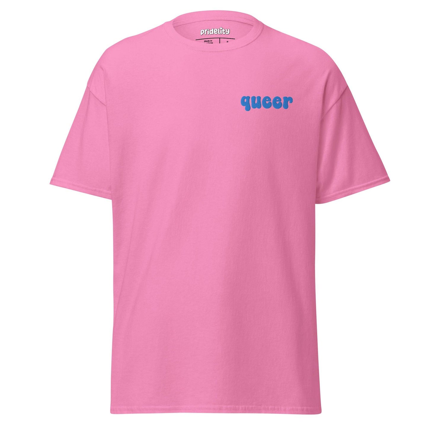 Pridelity's "Queer T-Shirt" in white showcases the word "queer" in striking bold blue text on the upper left side.