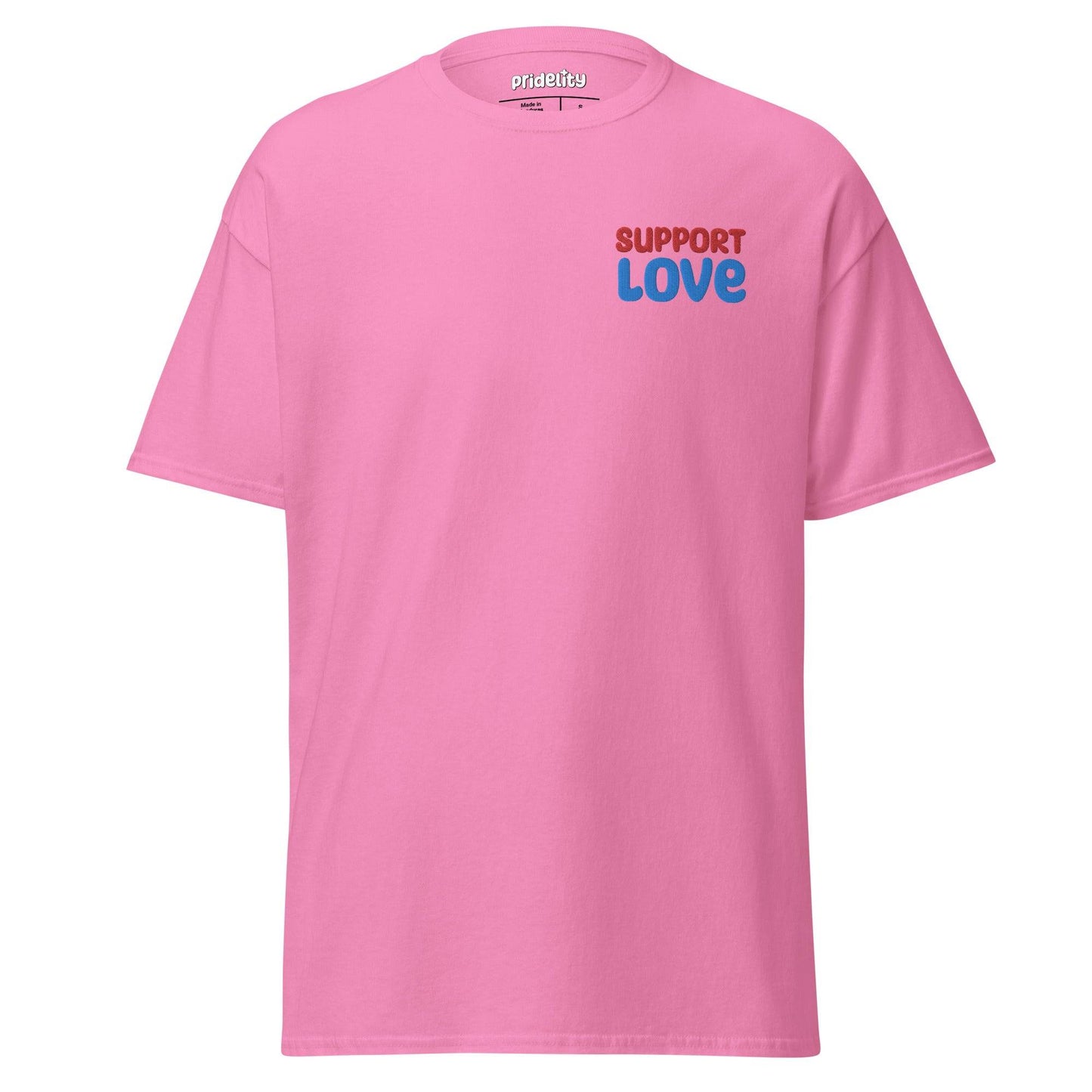 Light blue Support Love T-Shirt by Pridelity showcasing "SUPPORT LOVE" prominently printed on the front in striking red and blue font.