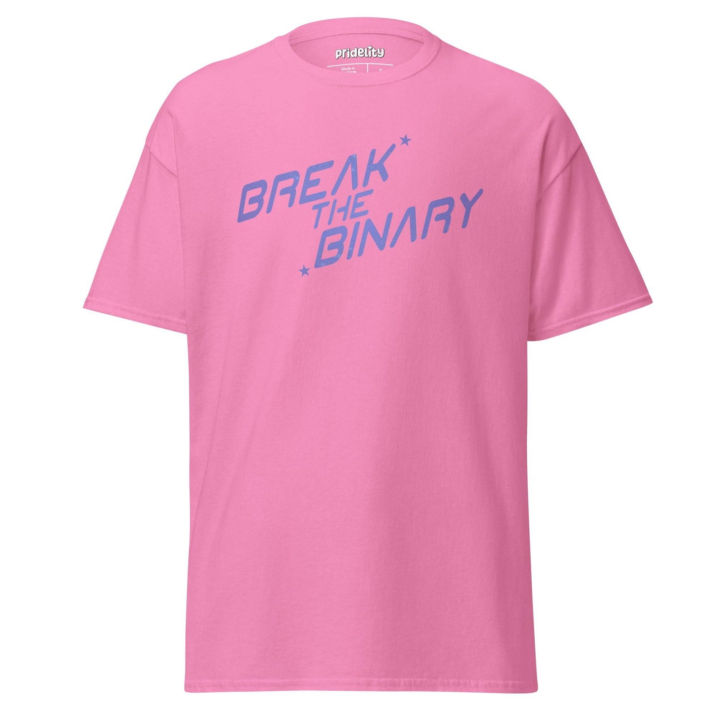 The Break The Binary T-Shirt by Pridelity, part of our Pride Collection, showcases the phrase "BREAK THE BINARY" prominently in light blue, bold, slanted text across the front of a white T-shirt. The straightforward design highlights a message of pride and inclusivity.