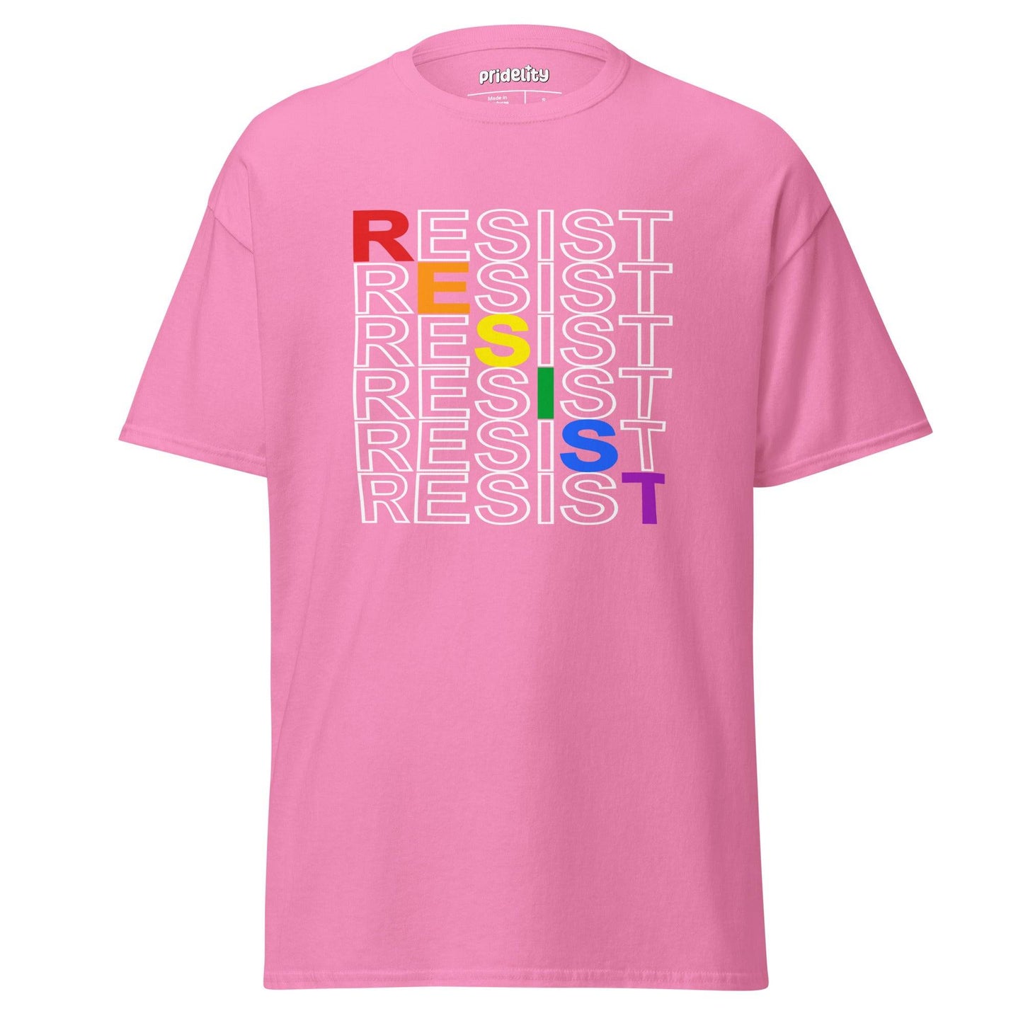 A black Resist T-Shirt from Pridelity showcases the word "RESIST" in a vertical column, with each letter transitioning through rainbow colors from red to purple, elegantly embodying unity and strength.
