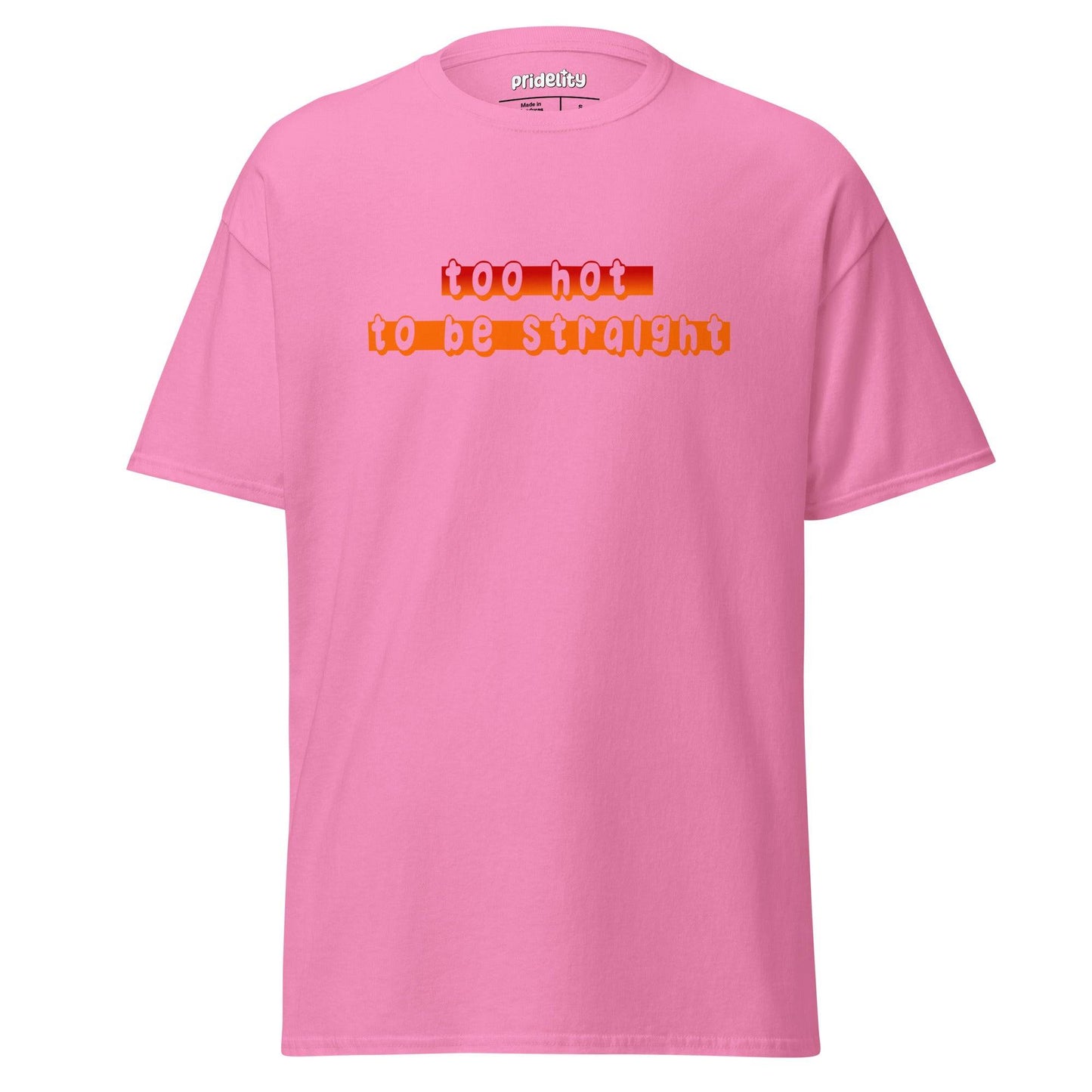 The Pridelity "Too Hot To Be Straight" T-shirt features a bold statement with its colorful text across the chest. Its simple and casual design makes it an eye-catching choice for any occasion.