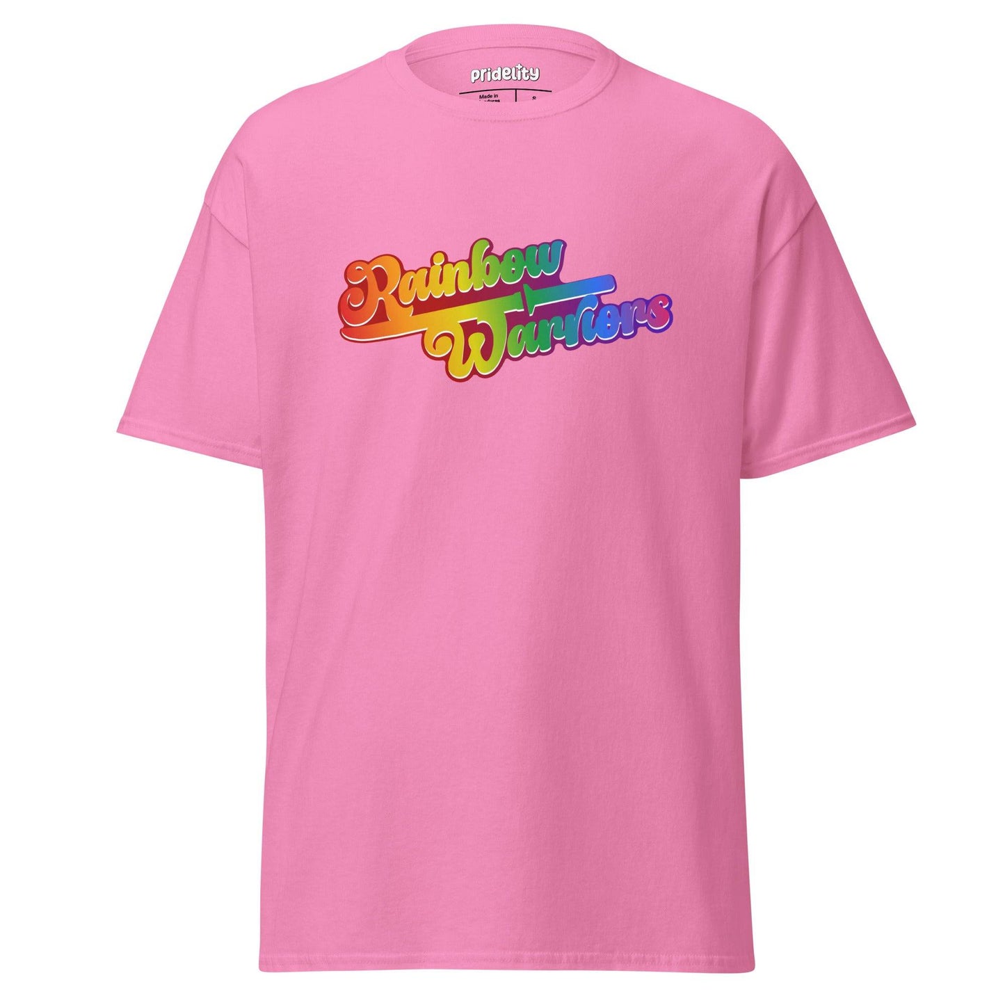 A gold Rainbow Warriors T-Shirt by Pridelity featuring the phrase "Rainbow Warriors" printed on the front in colorful, gradient letters.