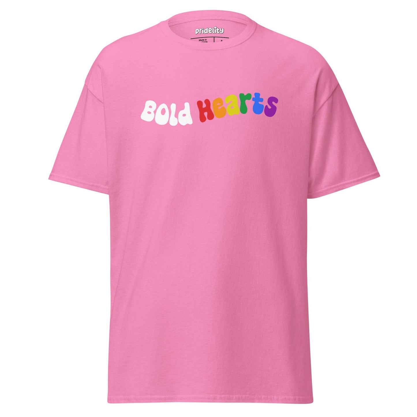 Introducing the "Bold Hearts T-Shirt" by Pridelity: a vibrant black t-shirt from our Pride Collection, showcasing the playful text "Bold Hearts." Each letter explodes with a unique color—white, red, orange, yellow, green, and purple—celebrating individuality and love.