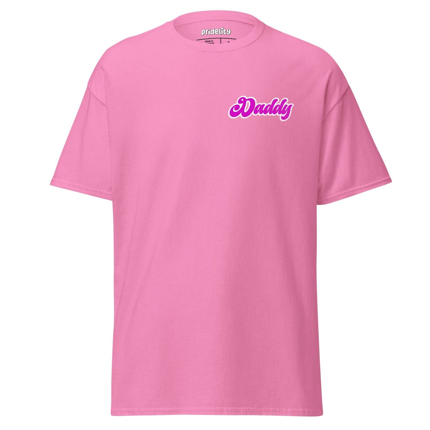 The Daddy T-Shirt from Pridelity's Pride Merch line is a purple t-shirt that features the word "Daddy" in pink and white on the left chest area.