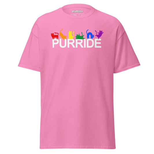Pridelity's black Purride T-Shirt features the word "PURRIDE" in striking white letters, each adorned with a bright rainbow-colored cat silhouette. The array of red, orange, yellow, green, blue, and purple cats adds a playful nod to diversity through a feline lens.