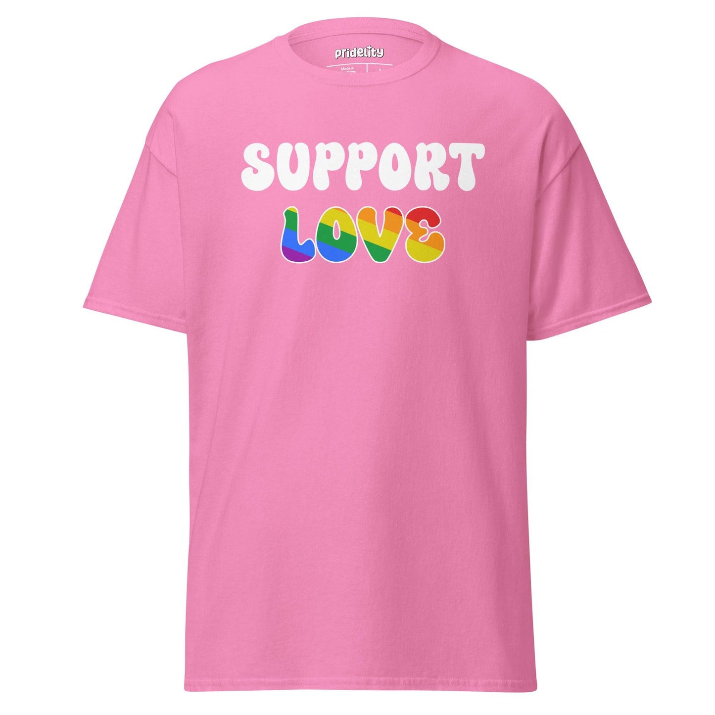 A red Pridelity Support T-Shirt featuring the bold and colorful phrase "SUPPORT LOVE.