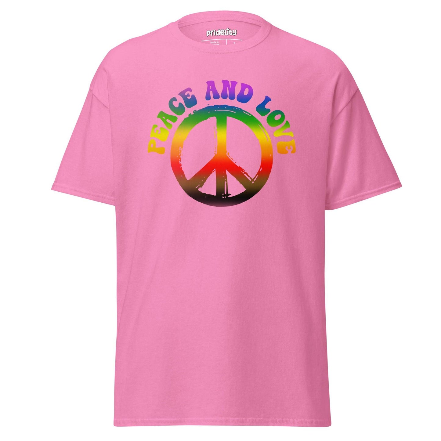 A Pridelity white "Peace & Love" T-shirt showcasing a prominent peace symbol in rainbow colors. The words "Peace and Love" are elegantly displayed above the symbol in a coordinating rainbow gradient, symbolizing unity and inclusivity.