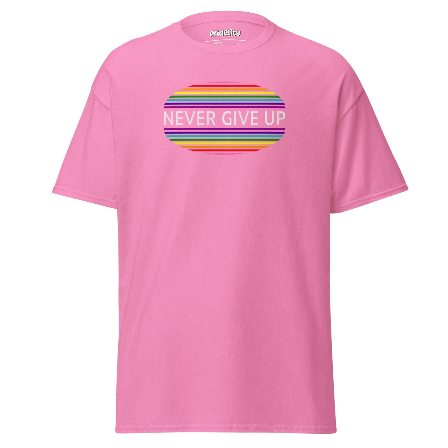Introducing the "Never Give Up T-Shirt" by Pridelity, a black pride shirt featuring a rainbow-striped oval design with bold white letters.