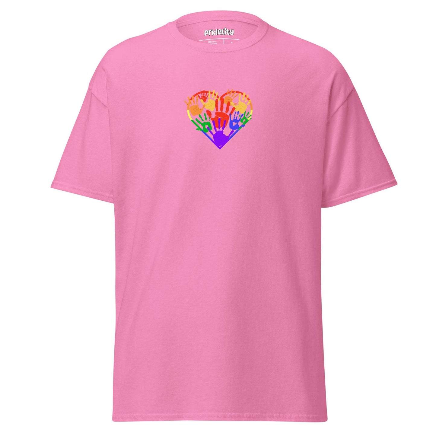 Introducing the Heartfelt Pride T-Shirt by Pridelity, a purple tee from our pride merch collection. It showcases a heart-shaped design of hands in diverse skin tones raised together in solidarity and rainbow colors, with "Pridentity" printed on the neck label.