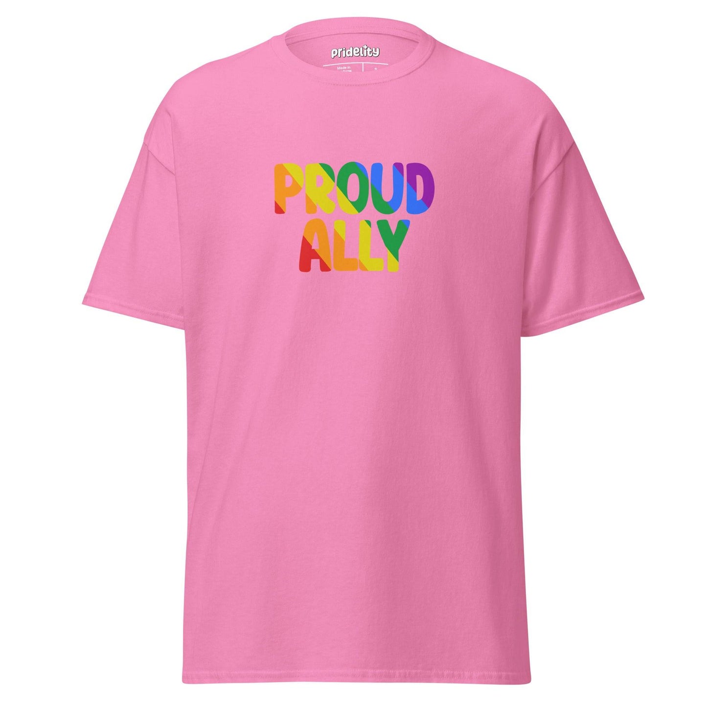 A black Proud Ally T-Shirt from Pridelity, showcasing "Proud Ally" in bold, rainbow-colored letters across the chest.