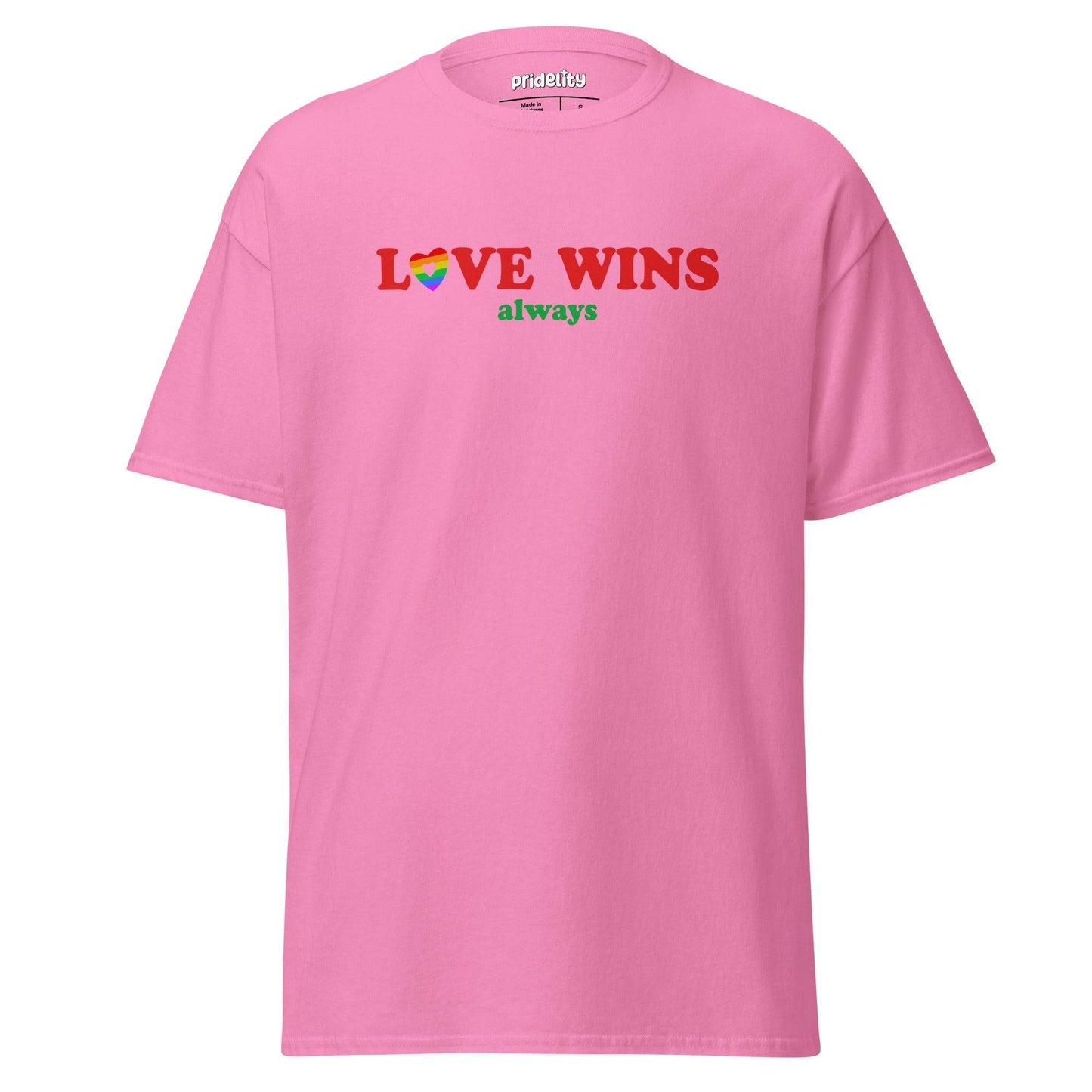 Introducing the Pridelity "Love Wins, Always" T-Shirt in beige, showcasing the phrase "LOVE WINS always" on the front. The design features the word "LOVE" emphasized in red, with a heart in rainbow colors replacing the letter "O.