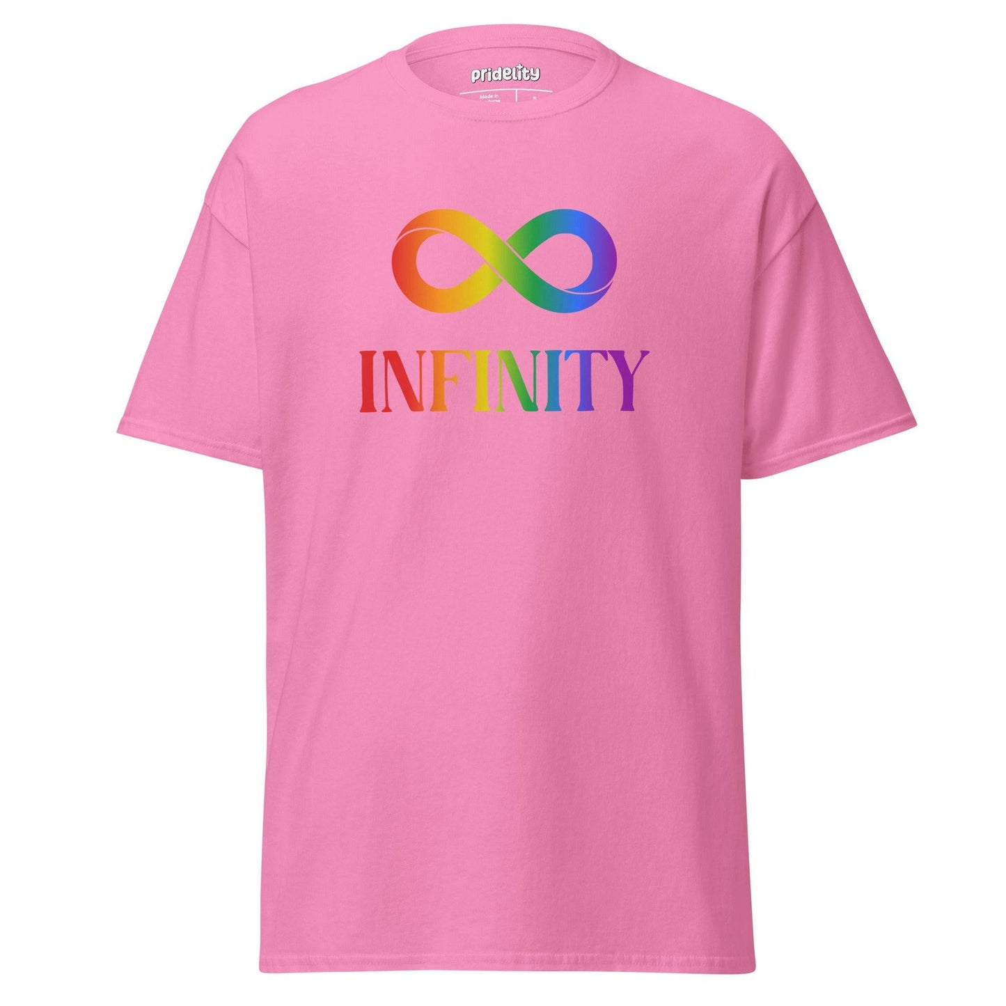 A Pridelity Infinity T-Shirt featuring a white design with a rainbow infinity symbol above the word "INFINITY" in bold, colorful letters.
