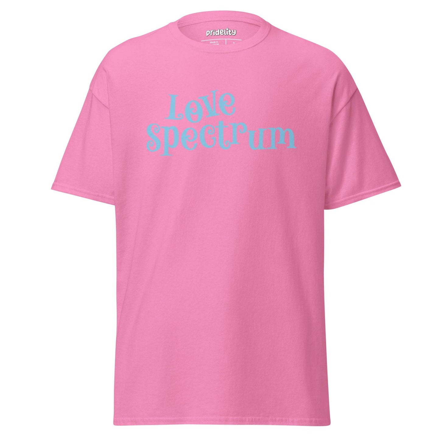 Introducing the Love Spectrum T-Shirt by Pridelity: This delightful white shirt features light blue text whimsically spelling out "Love Spectrum," embodying diversity and acceptance with its playful pride-inspired design.