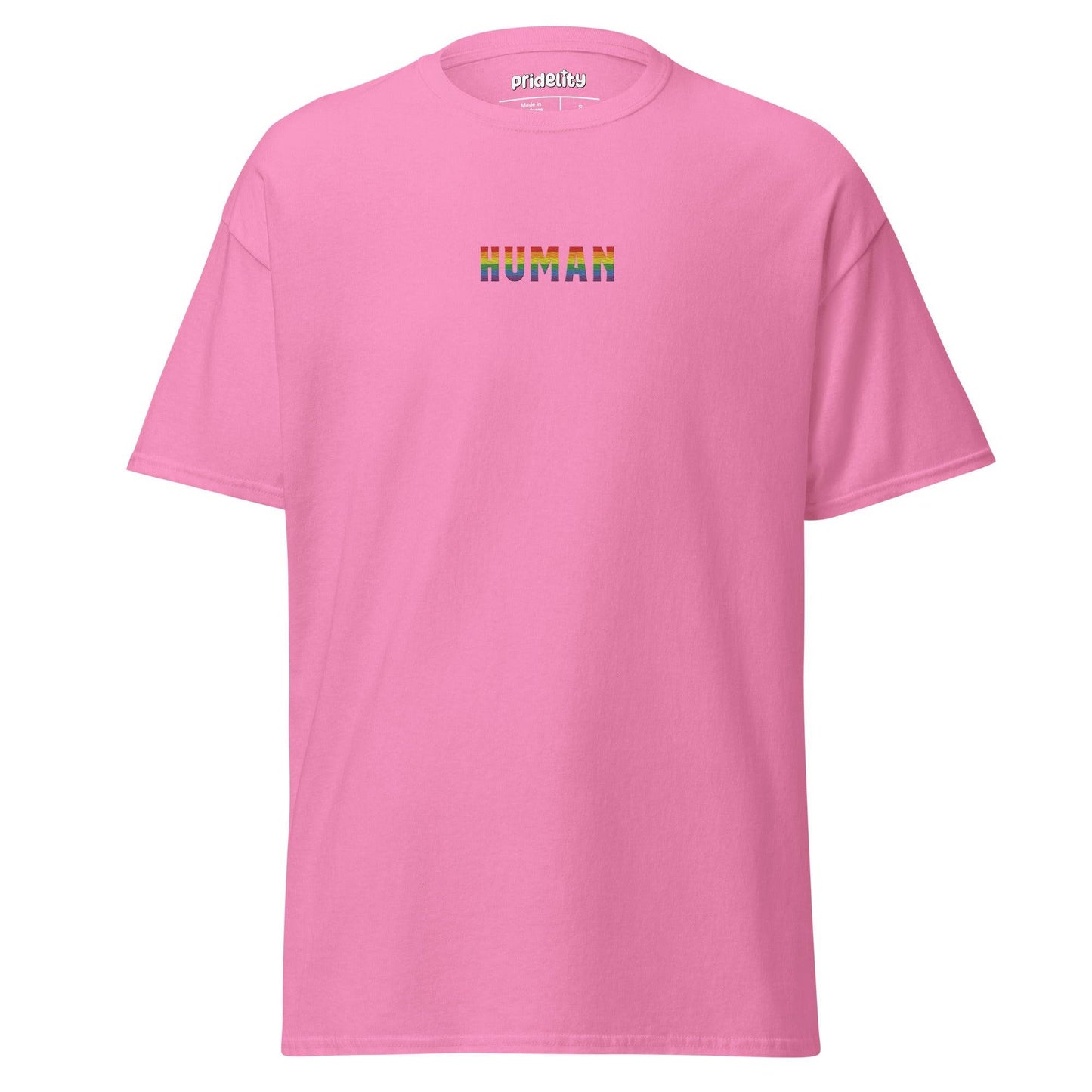 Introducing the "Human T-Shirt" by Pridelity, a striking black pride tee featuring the word "HUMAN" in bold, vibrant rainbow colors across the chest. This standout piece in any pride collection proudly showcases the Pridelity label on the inside. Displayed against a simple white background, this shirt is a true symbol of unity and inclusivity.
