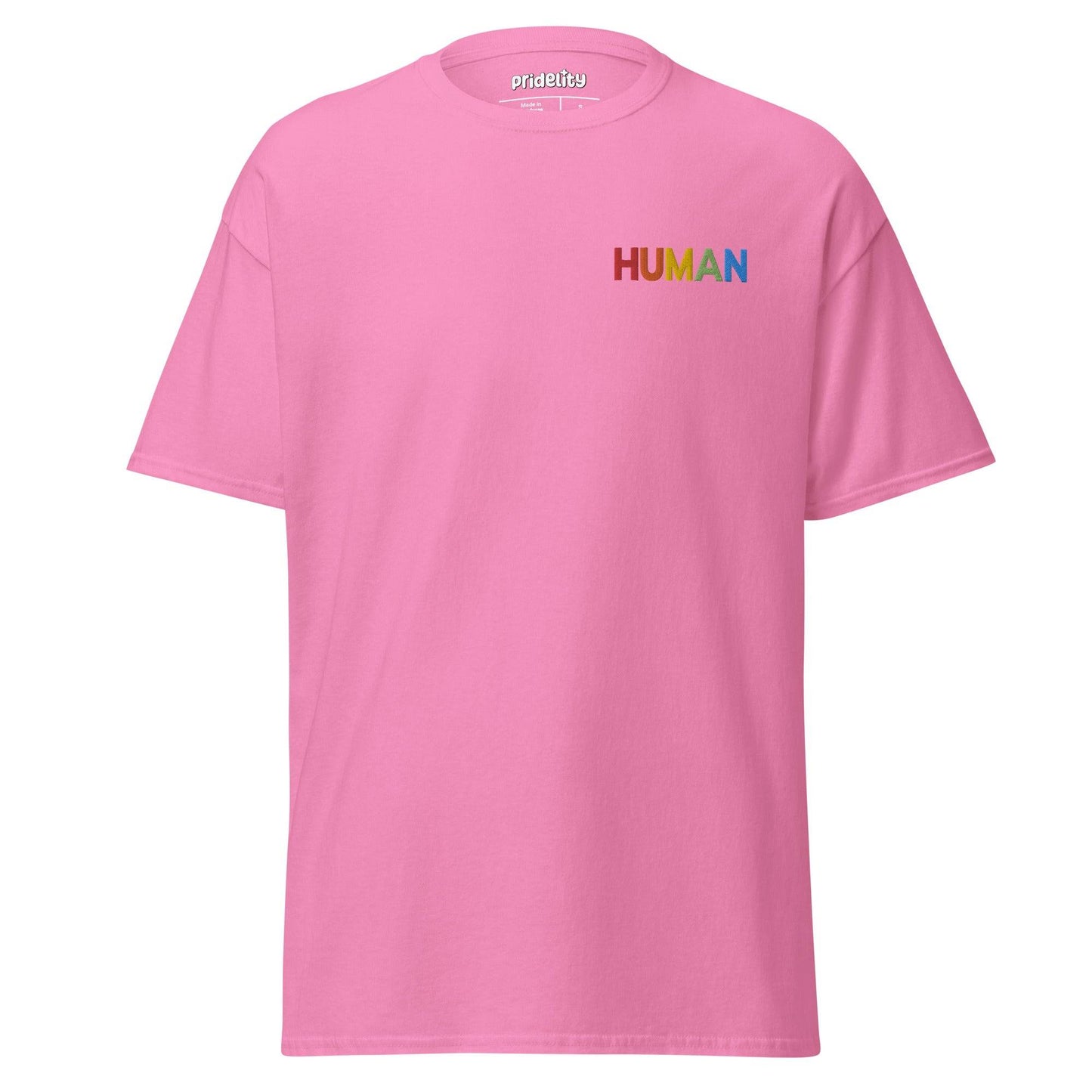 A natural-colored Pridelity Human T-Shirt, adorned with the word "HUMAN" beautifully printed in vibrant rainbow colors on the upper left side.