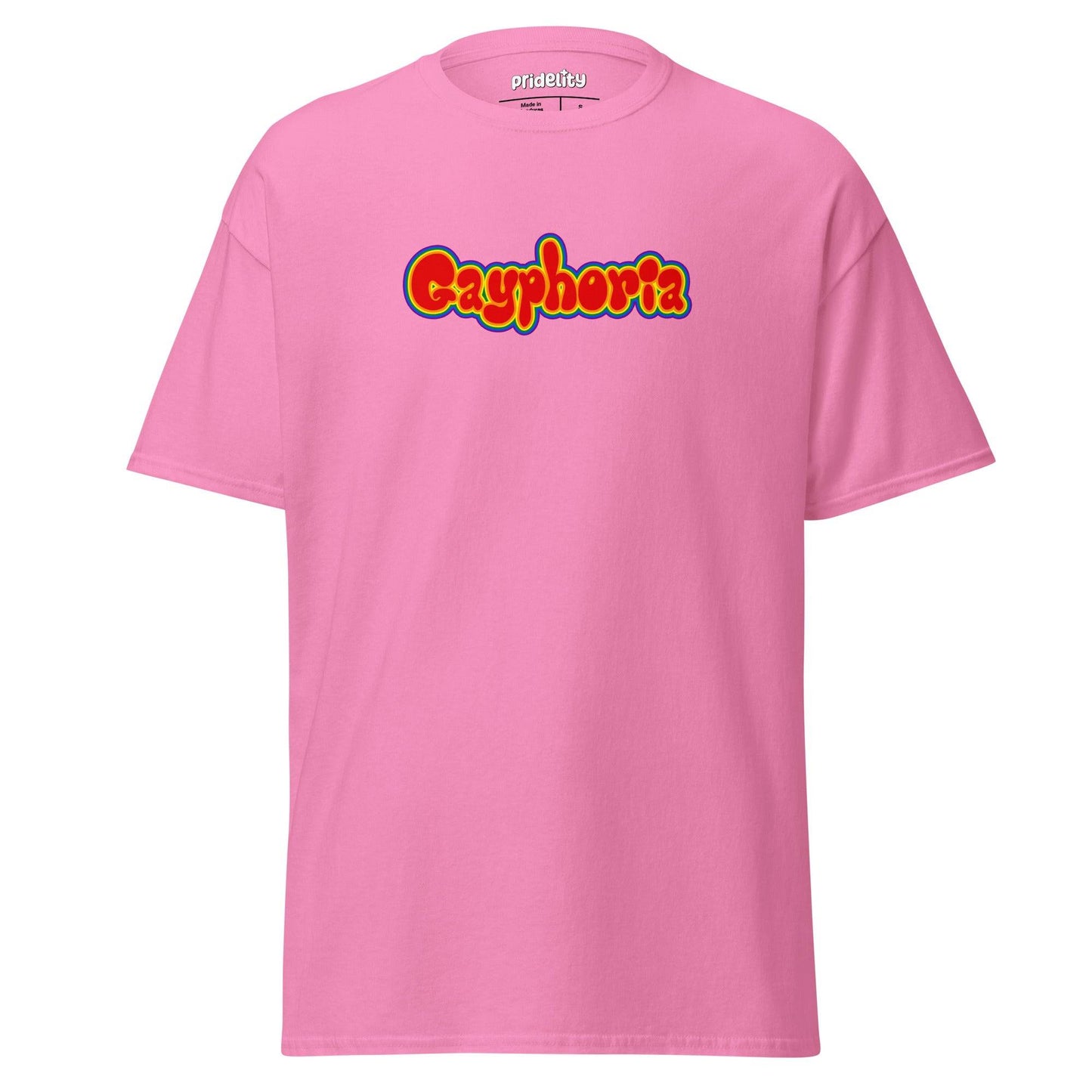 Introducing our Gayphoria T-Shirt from Pridelity, featuring "Gayphoria" in vibrant, bold letters on a red canvas, as part of our exclusive pride collections.