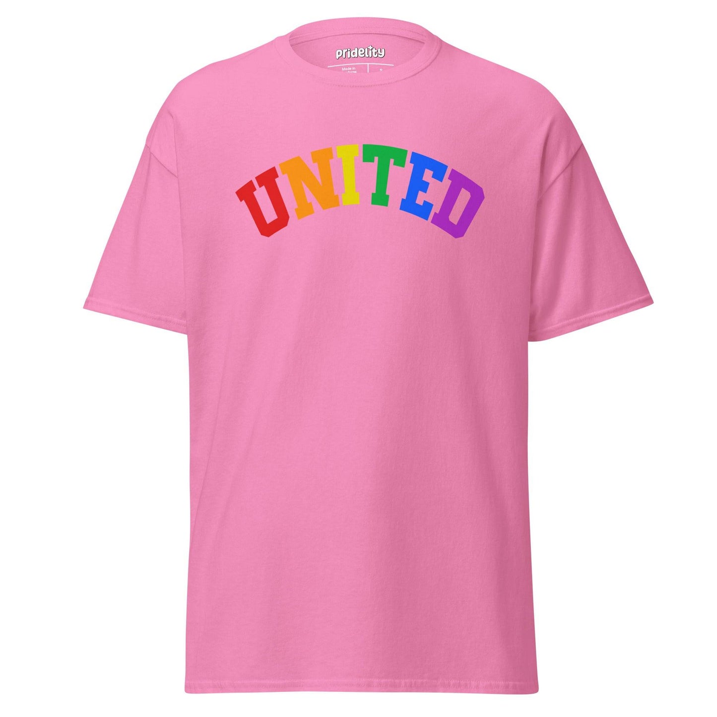 The Pridelity United T-Shirt showcases the word "UNITED" prominently on the front, with each letter seamlessly transitioning through vibrant rainbow colors.