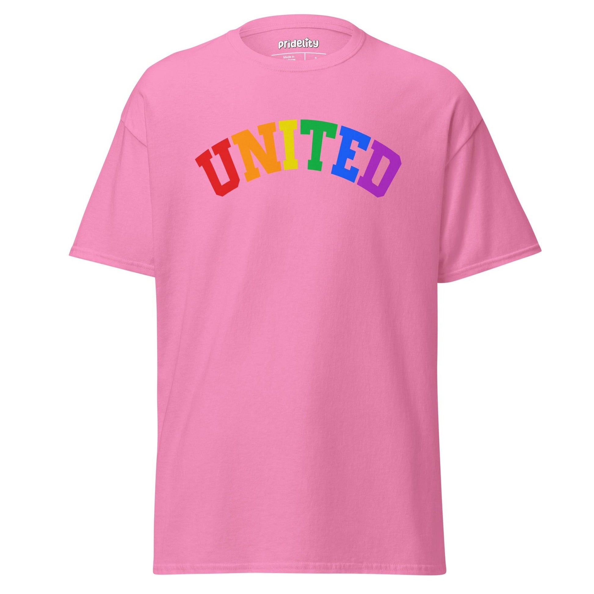 The Pridelity United T-Shirt showcases the word "UNITED" prominently on the front, with each letter seamlessly transitioning through vibrant rainbow colors.