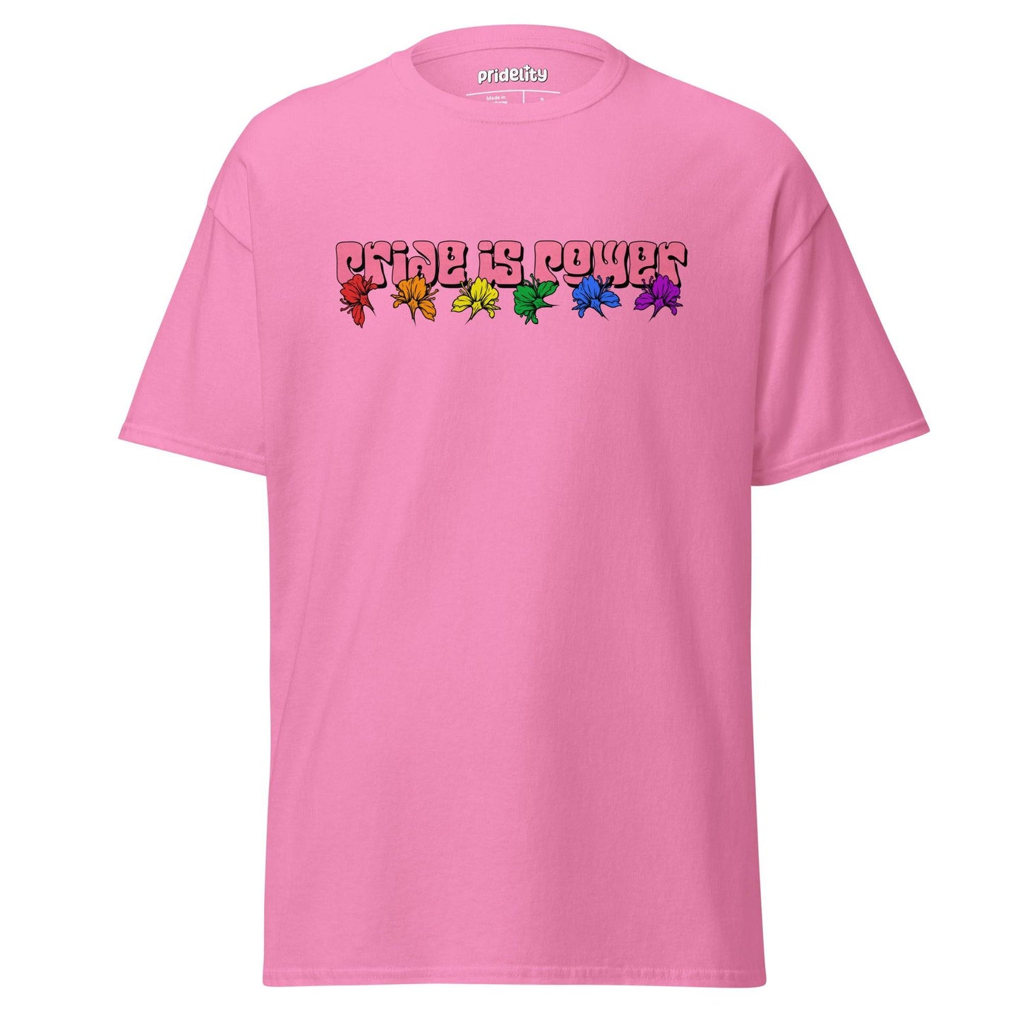 Introducing the Pride Is Power T-Shirt by Pridelity, adorned with "PRIDE IS POWER" in vivid, bold letters across the chest and complemented by a row of six stylish leaves representing each hue of the rainbow.