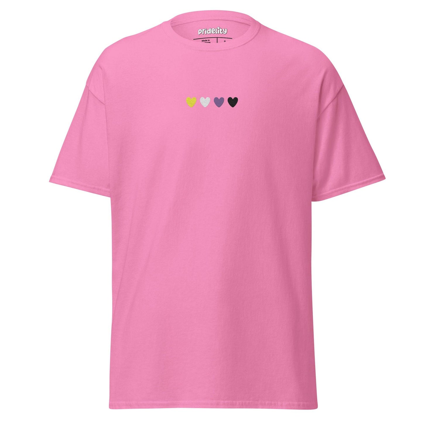 Introducing the Nonbinary Love T-Shirt by Pridelity, a stylish Azalea shirt adorned with a small row of four hearts on the chest. The hearts come in yellow, light pink, dark pink, and black hues to symbolize inclusivity.