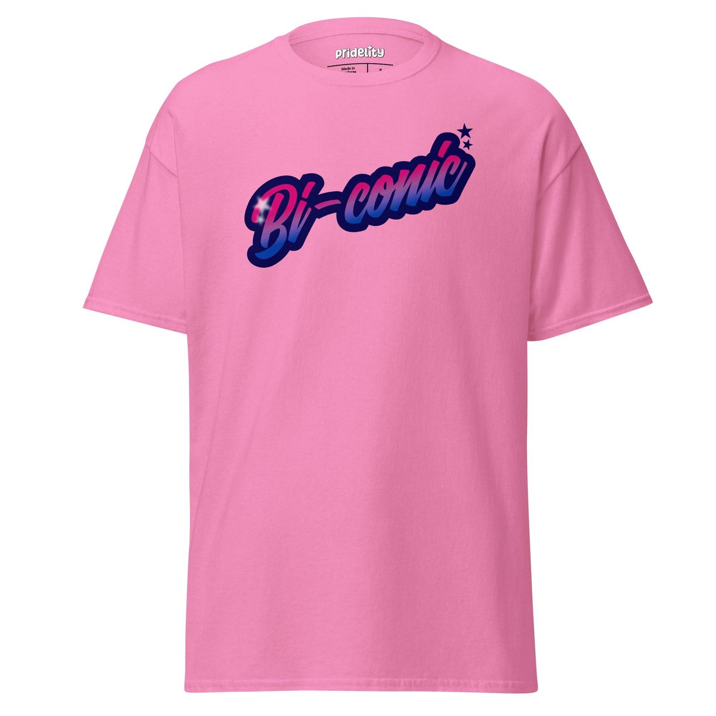 Introducing the Bi-Conic T-Shirt by Pridelity, a black tee from our Pride Merch collection, adorned with the vibrant, multicolored "Bi-conic" text across the front.