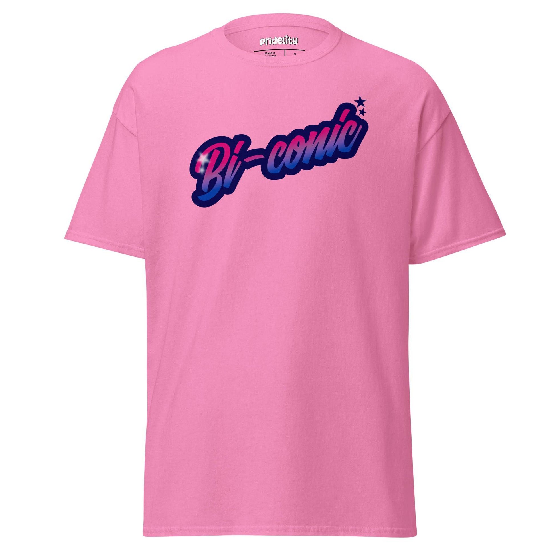 Introducing the Bi-Conic T-Shirt by Pridelity, a black tee from our Pride Merch collection, adorned with the vibrant, multicolored "Bi-conic" text across the front.