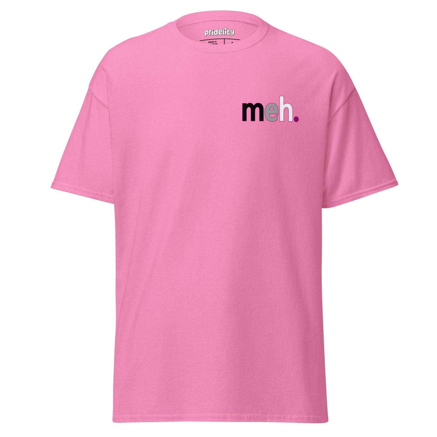 Pridelity's Meh. T-Shirt features the word "meh." printed on the front in black and purple letters, providing a subtle twist on a pride shirt.
