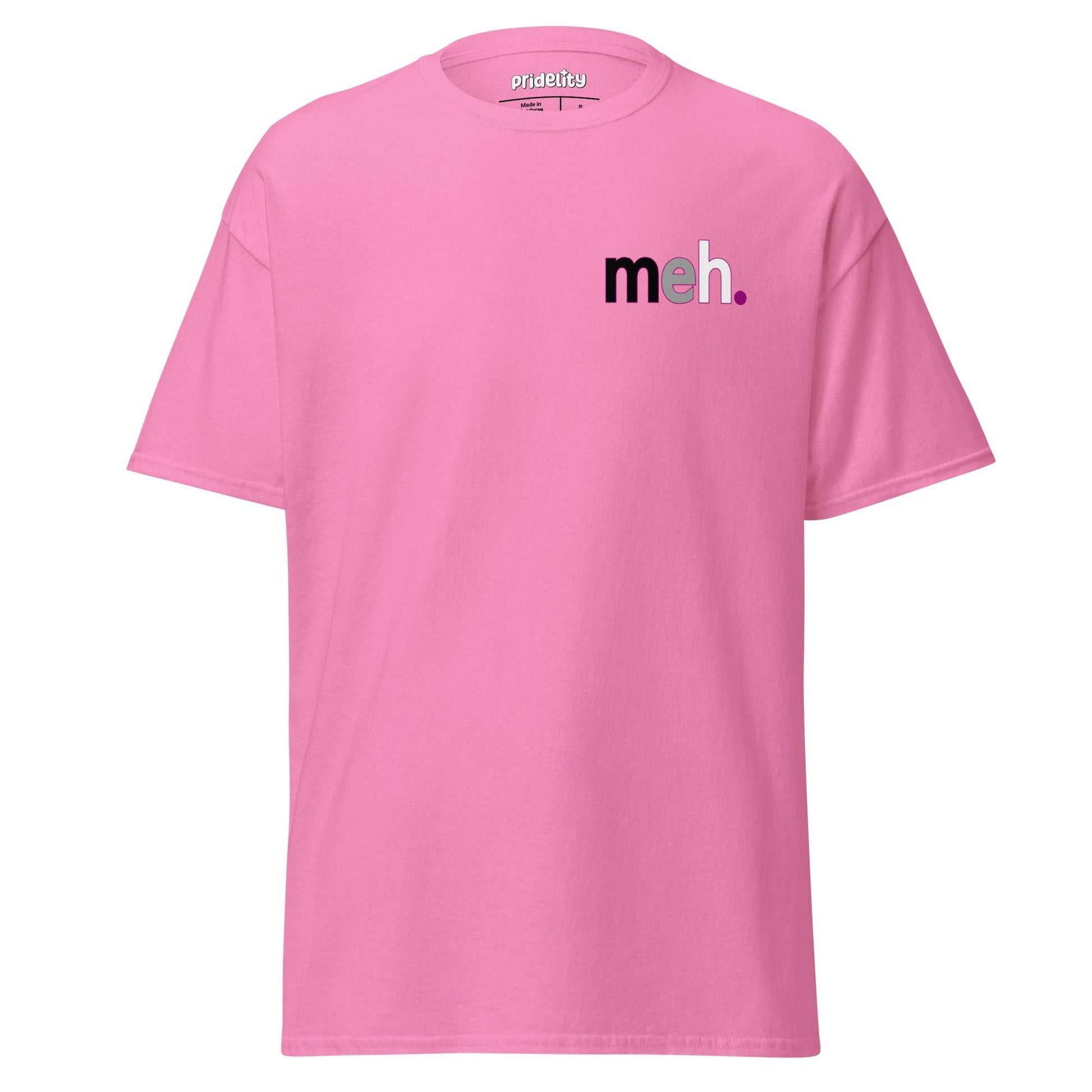 Pridelity's Meh. T-Shirt features the word "meh." printed on the front in black and purple letters, providing a subtle twist on a pride shirt.