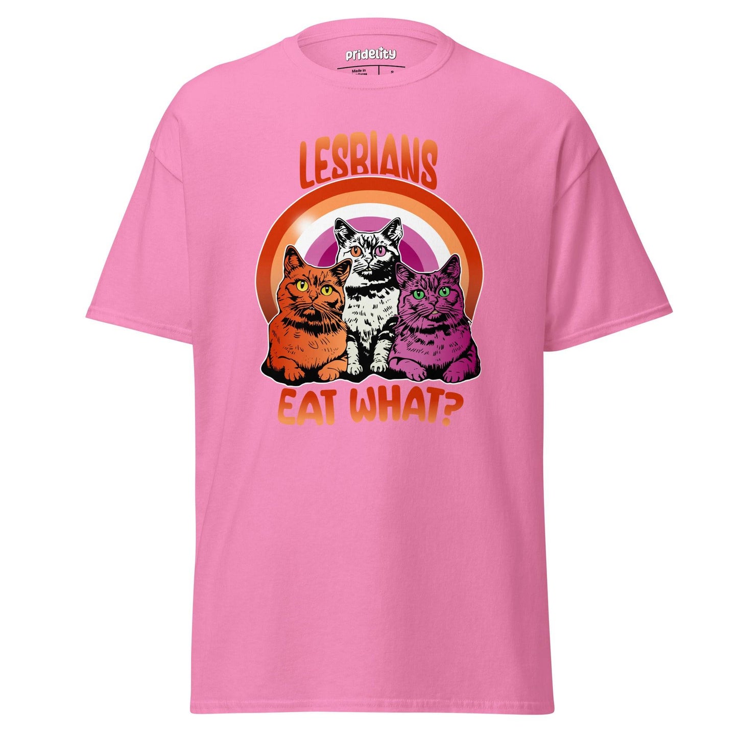 Introducing the Pridelity "Lesbians Eat What T-Shirt," a black pride shirt showcasing vibrant artwork of three cats seated in front of a rainbow with the bold, humorous text "LESBIANS EAT WHAT?