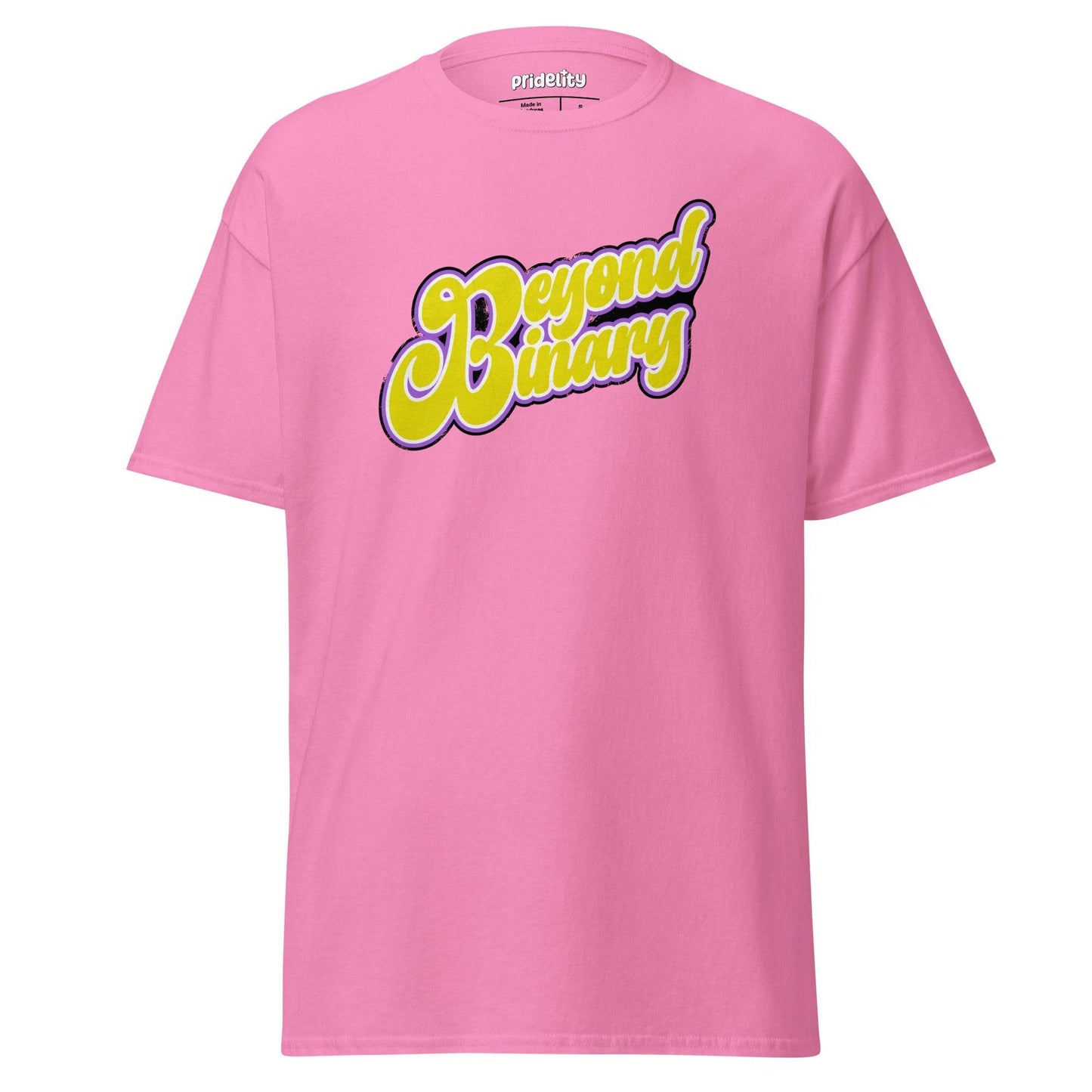 The Beyond Binary T-Shirt from Pridelity showcases bold, stylized purple and yellow text reading "Beyond Binary" across the chest, and it's part of our Pride Collection.