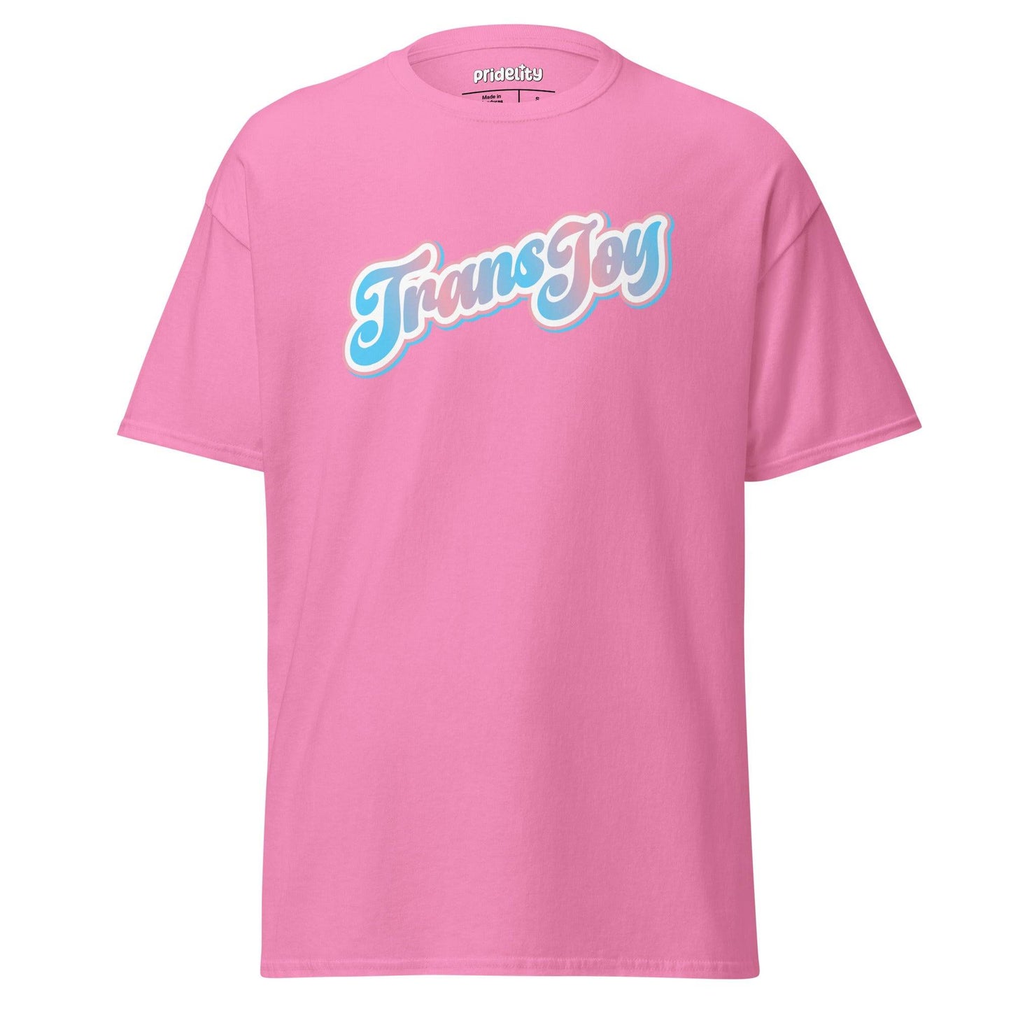 A light blue Pridelity T-shirt, named the Trans Joy T-Shirt, showcases the phrase "Trans Joy" in a stylized pink and white font across the chest.